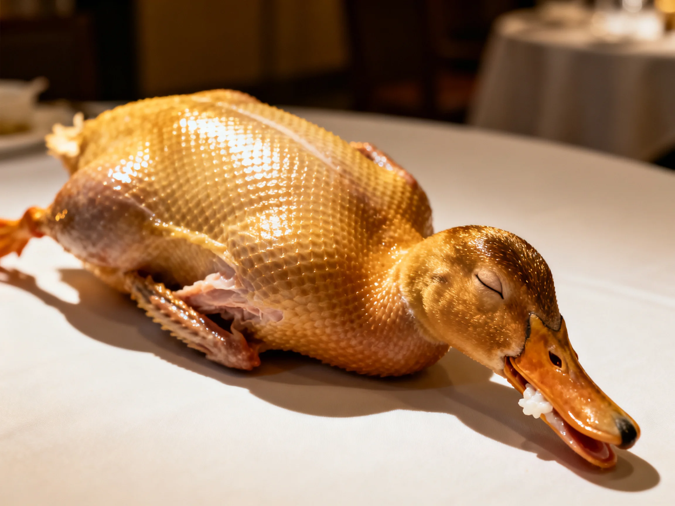 A golden-brown roasted duck presented on a white tablecloth