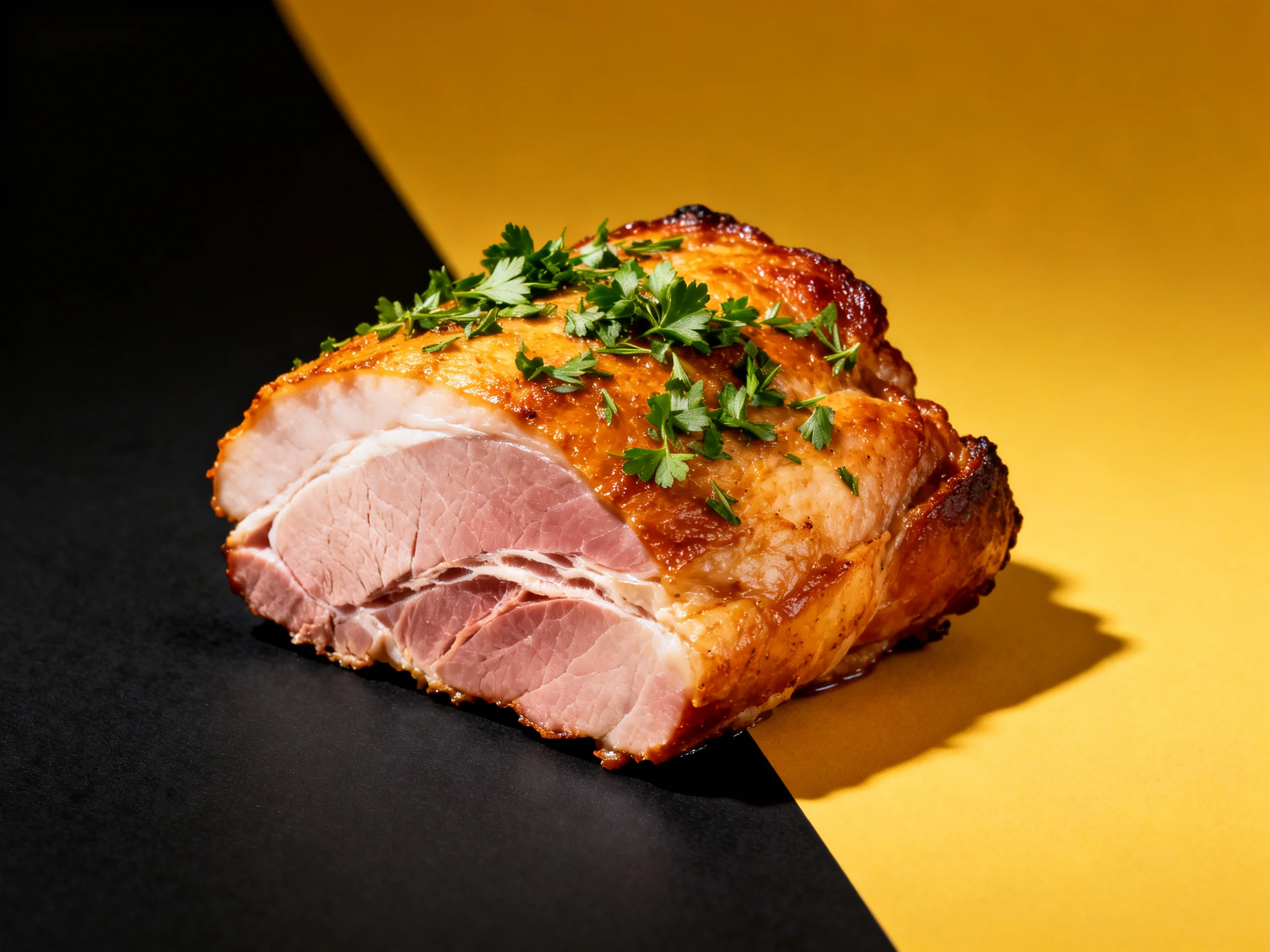 A golden-brown roasted ham garnished with freshgreen herbs