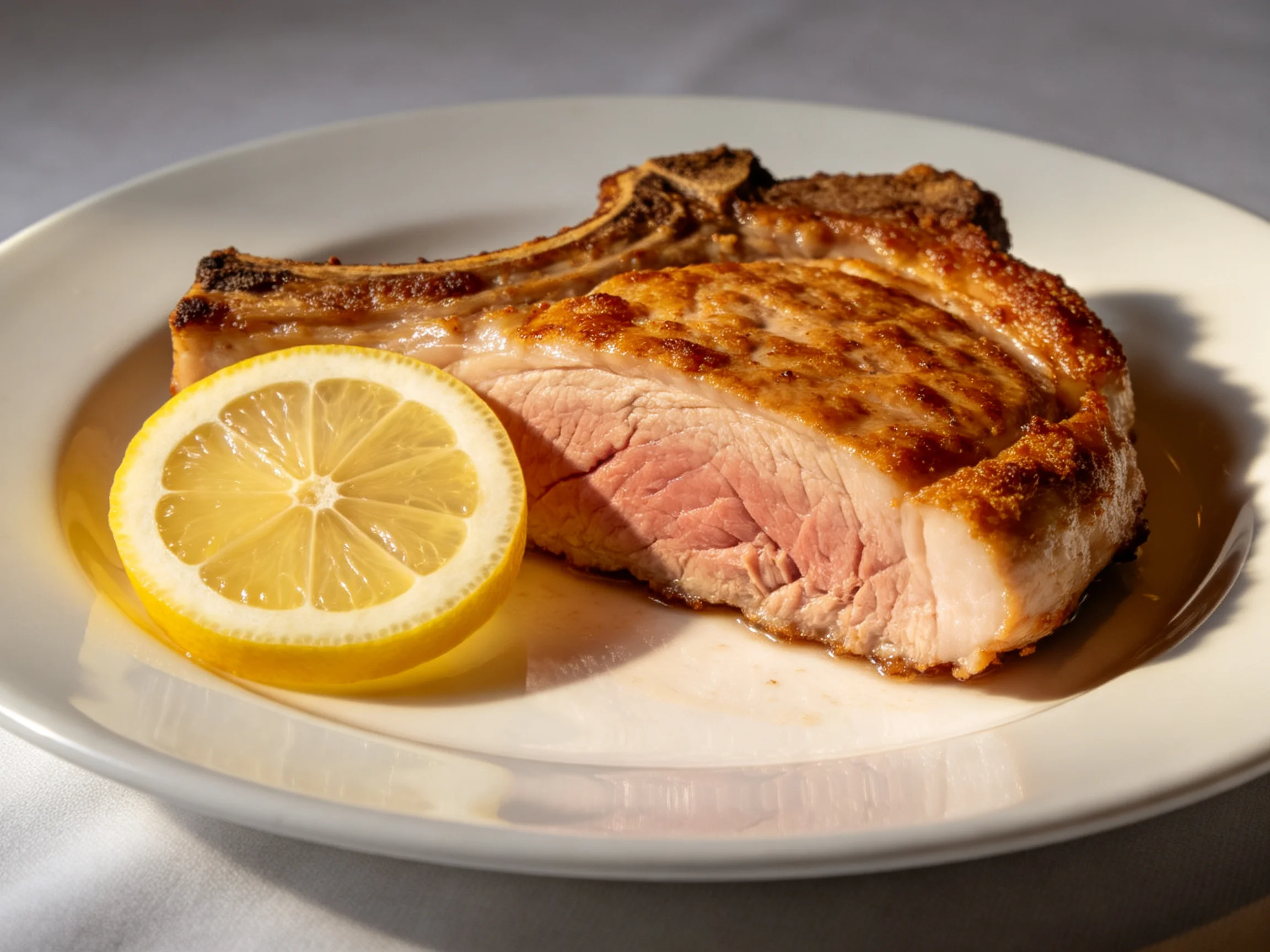 A golden-brown roasted pork chop with a bright yellow lemon slice