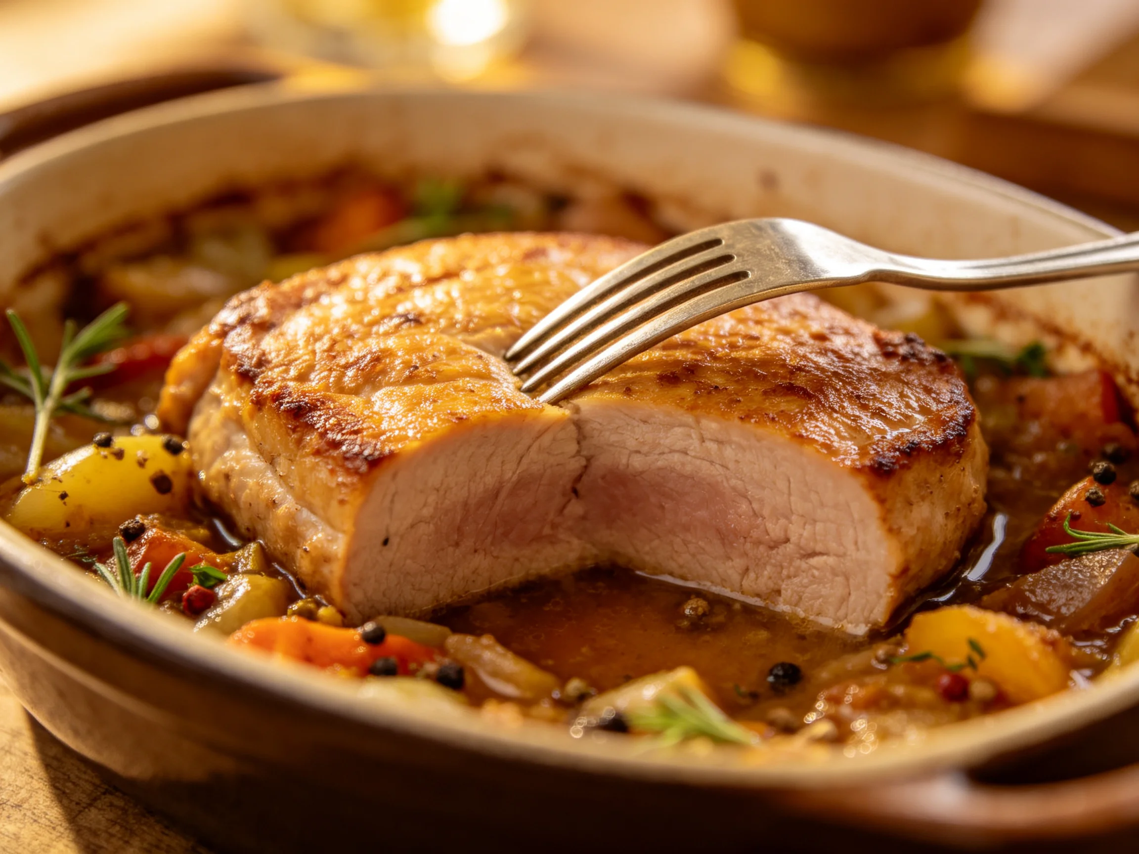 A golden-brown roasted pork chop with vegetables in a ceramic dish