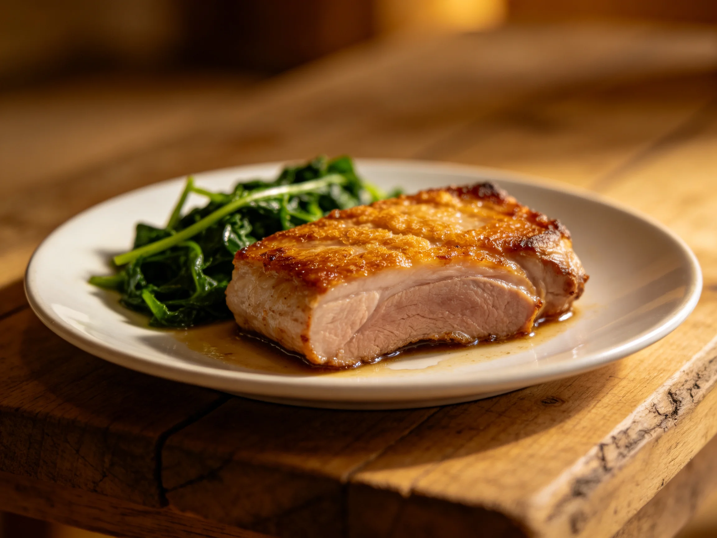 A golden-brown roasted pork chop with vibrant green greens on a white plate
