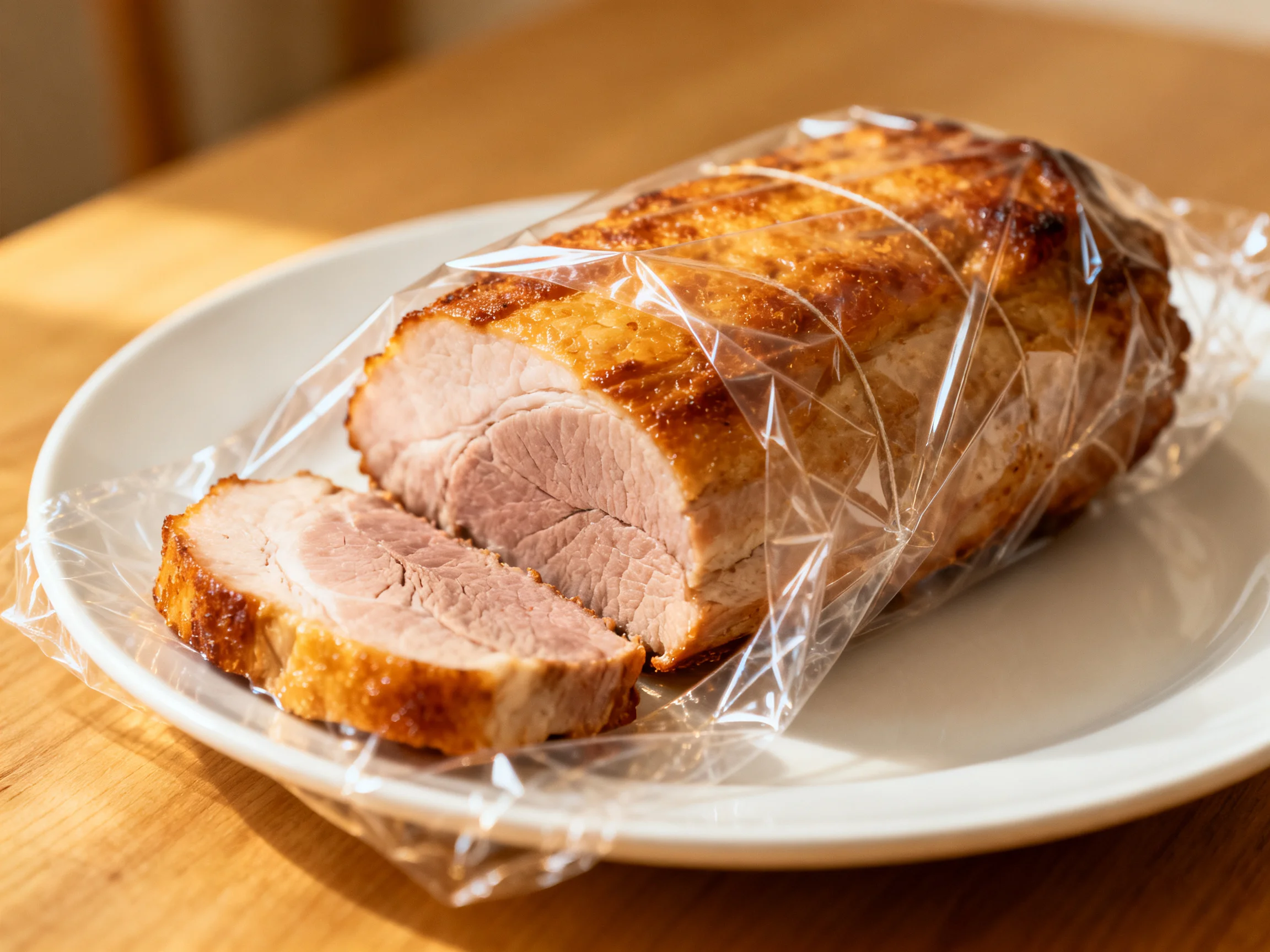 A golden-brown roasted pork roast sliced, wrapped in clear plastic on a white plate