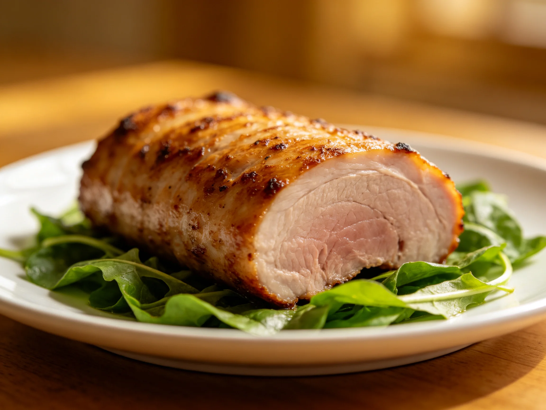 A golden-brown roasted pork tenderloin served on fresh arugula