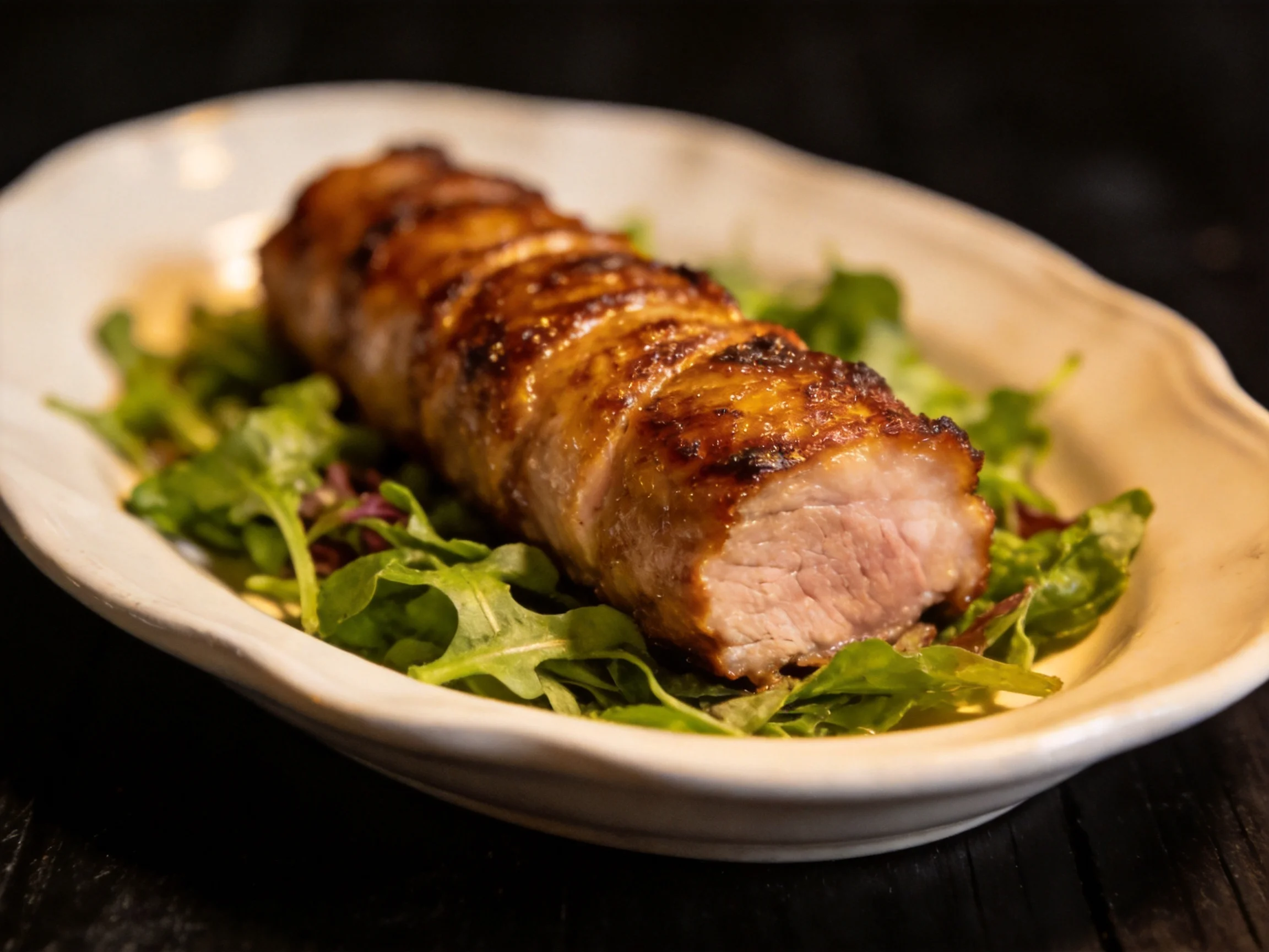 A golden-brown roasted pork tenderloin served on fresh green salad