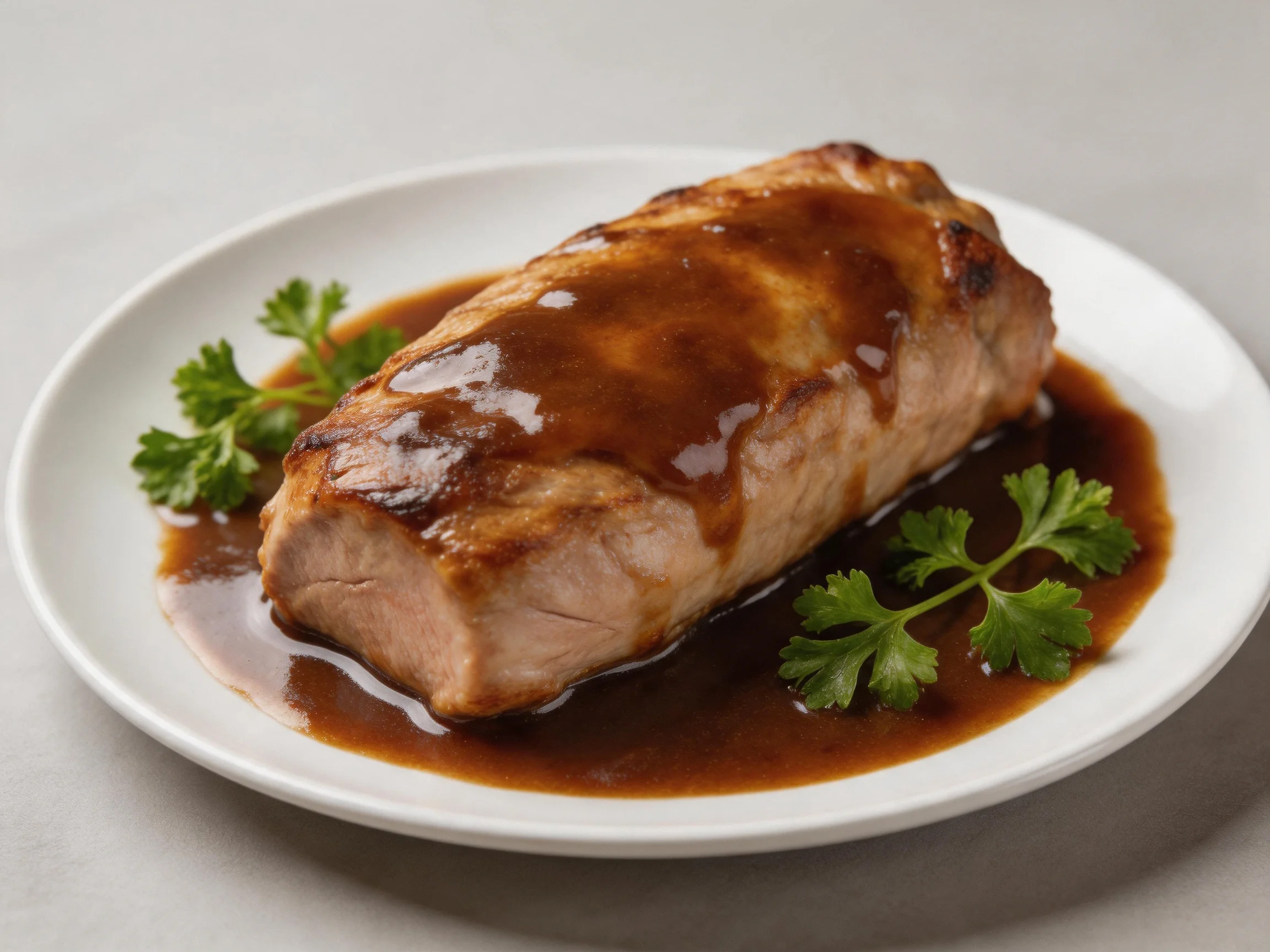 A golden-brown roasted pork tenderloin with rich brown sauce and fresh green herbs