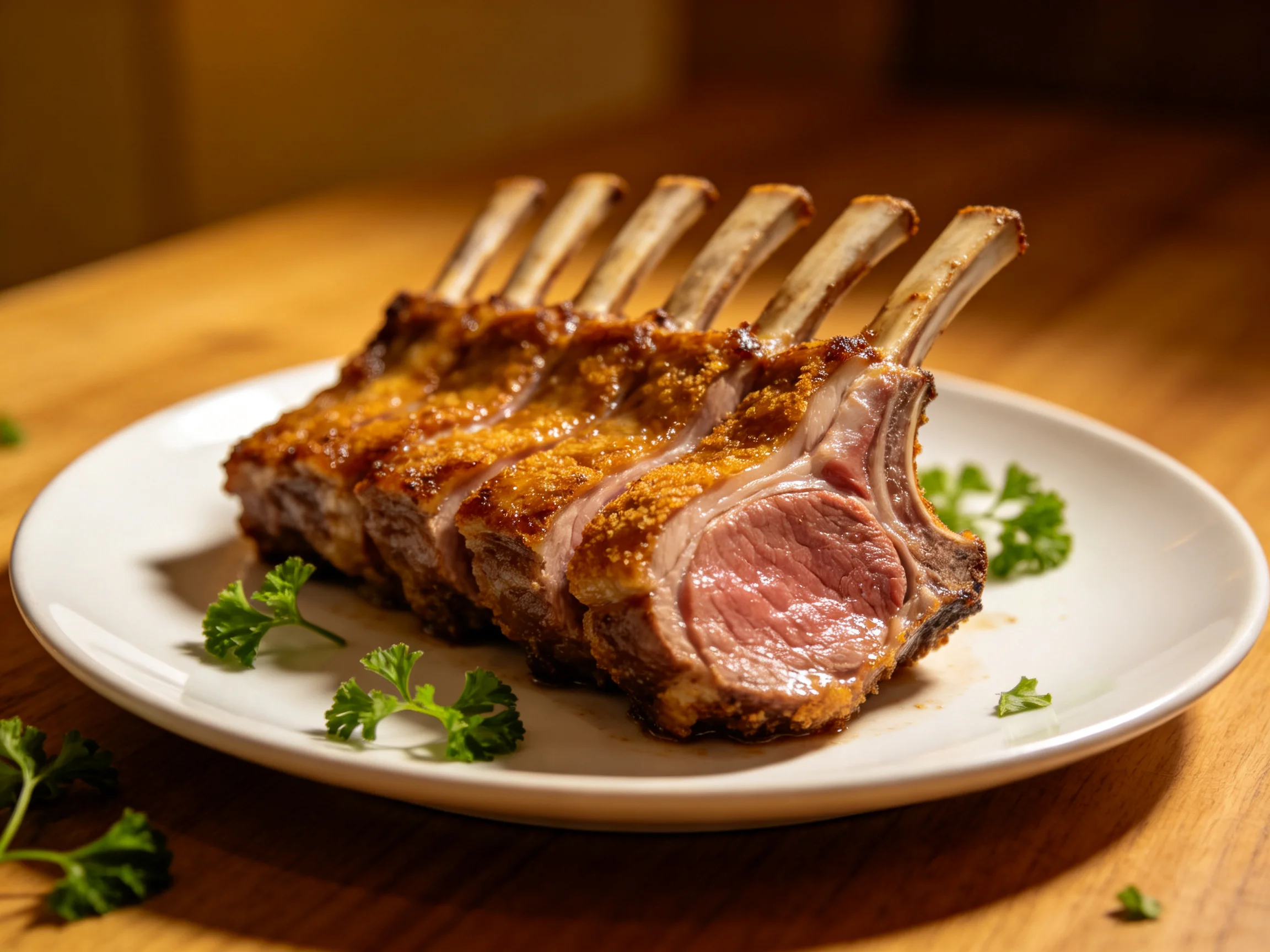 A golden-brown roasted rack of lamb served on a white plate