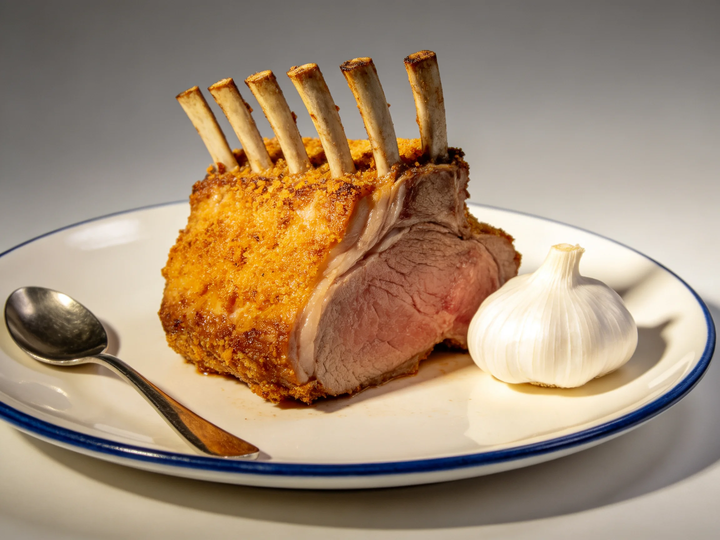 A golden-brown roasted rack of lamb served with garlic on a white plate
