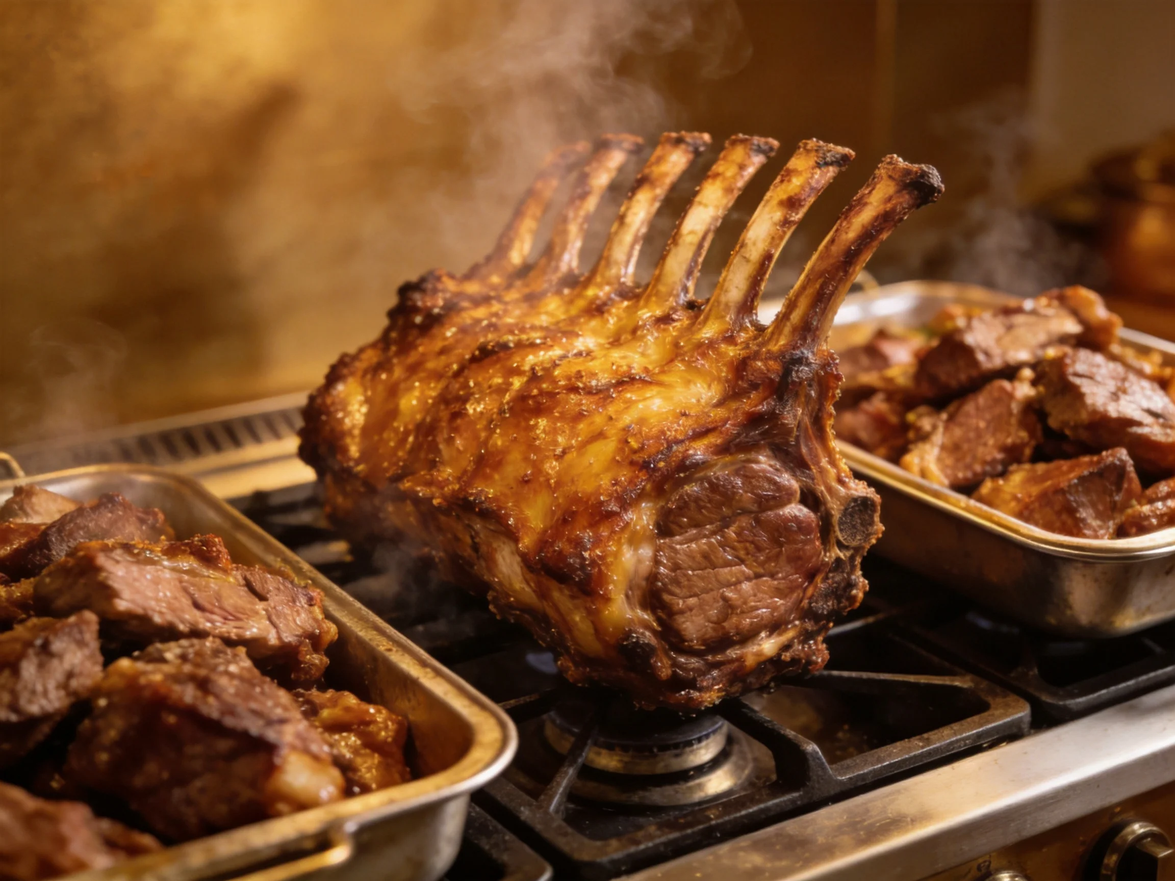 A golden-brown roasted rack of lamb steams on a stove