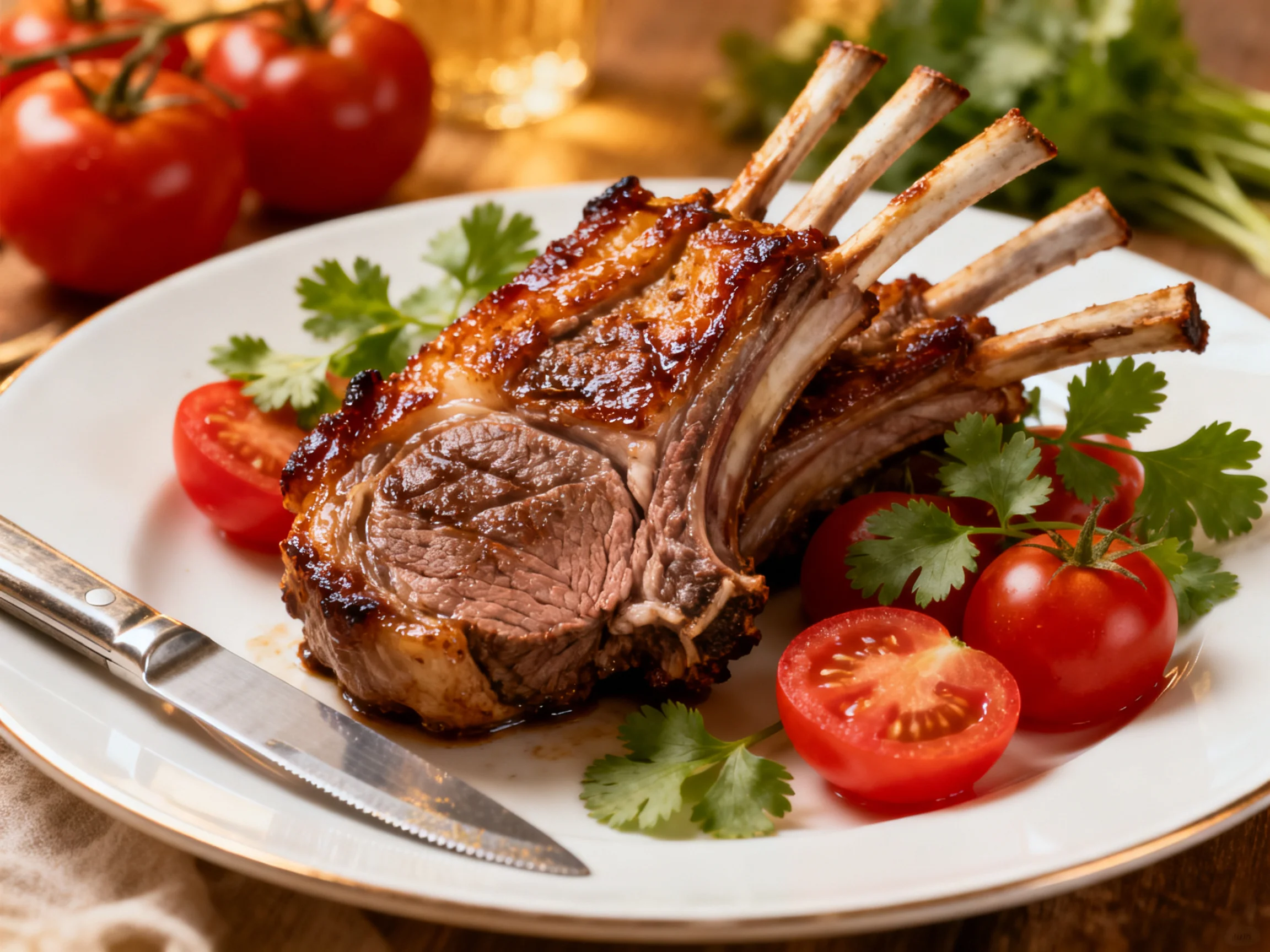 A golden-brown roasted rack of lamb with fresh cherry tomatoes