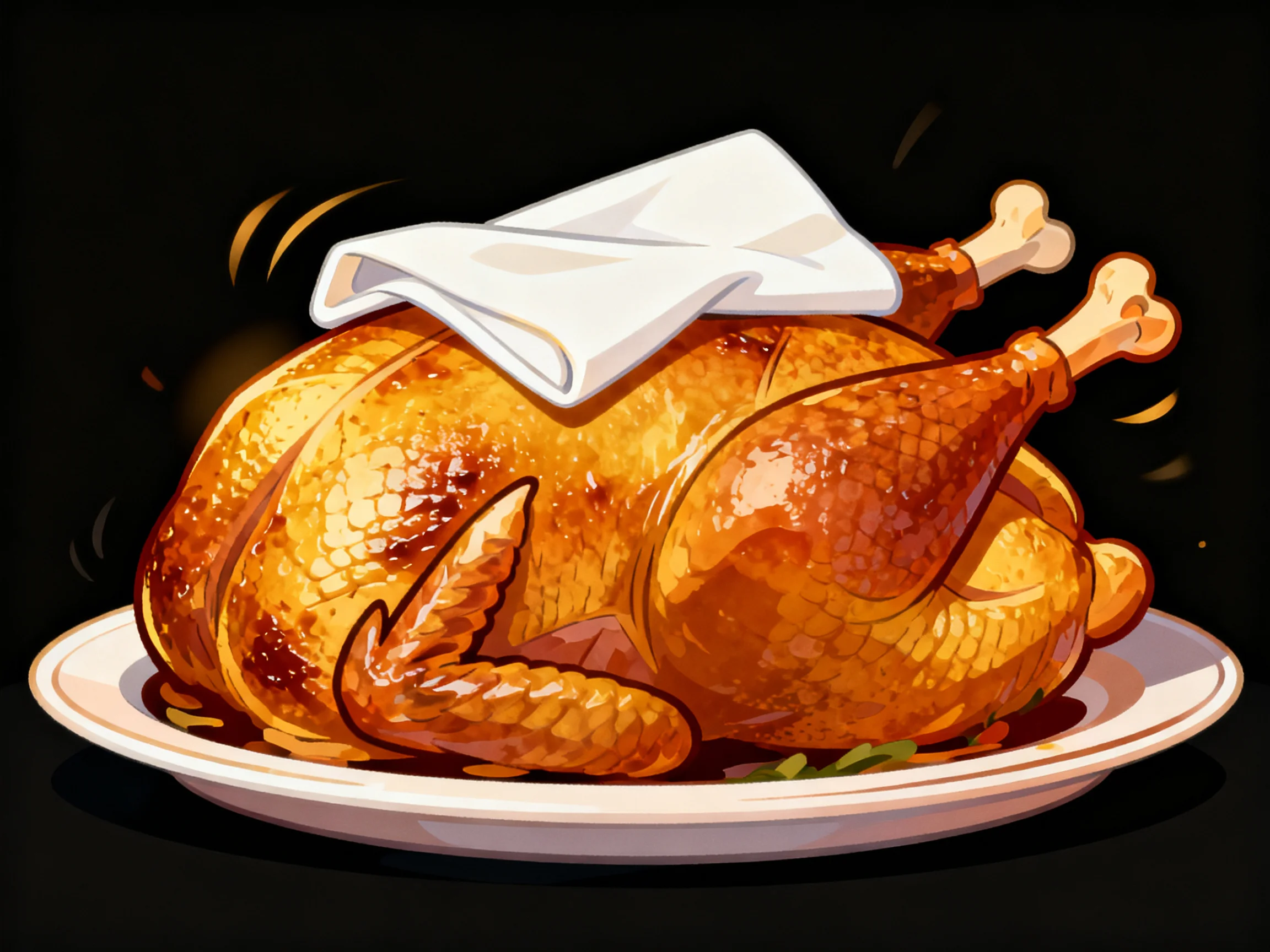 A golden-brown roasted turkey on a white plate with a folded napkin