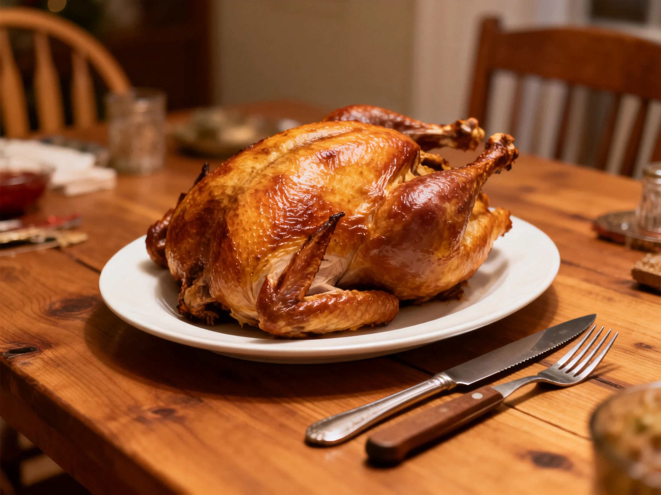 A golden-brown roasted turkey on a white platter