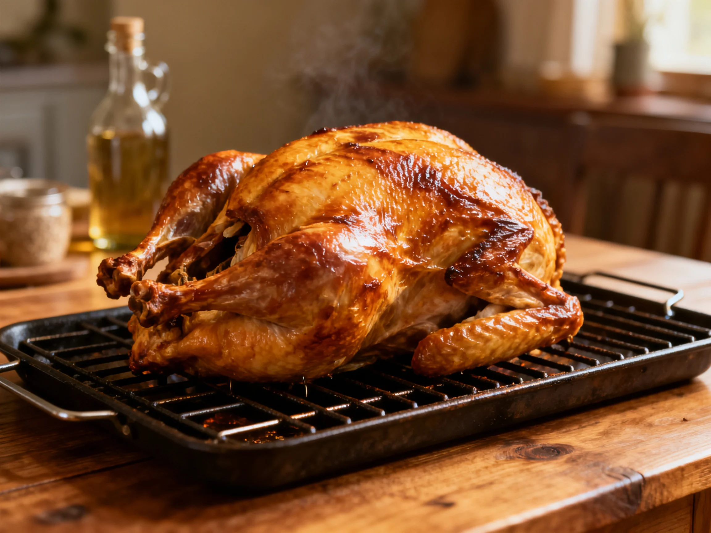 A golden-brown roasted turkey sits on a black cast iron grill