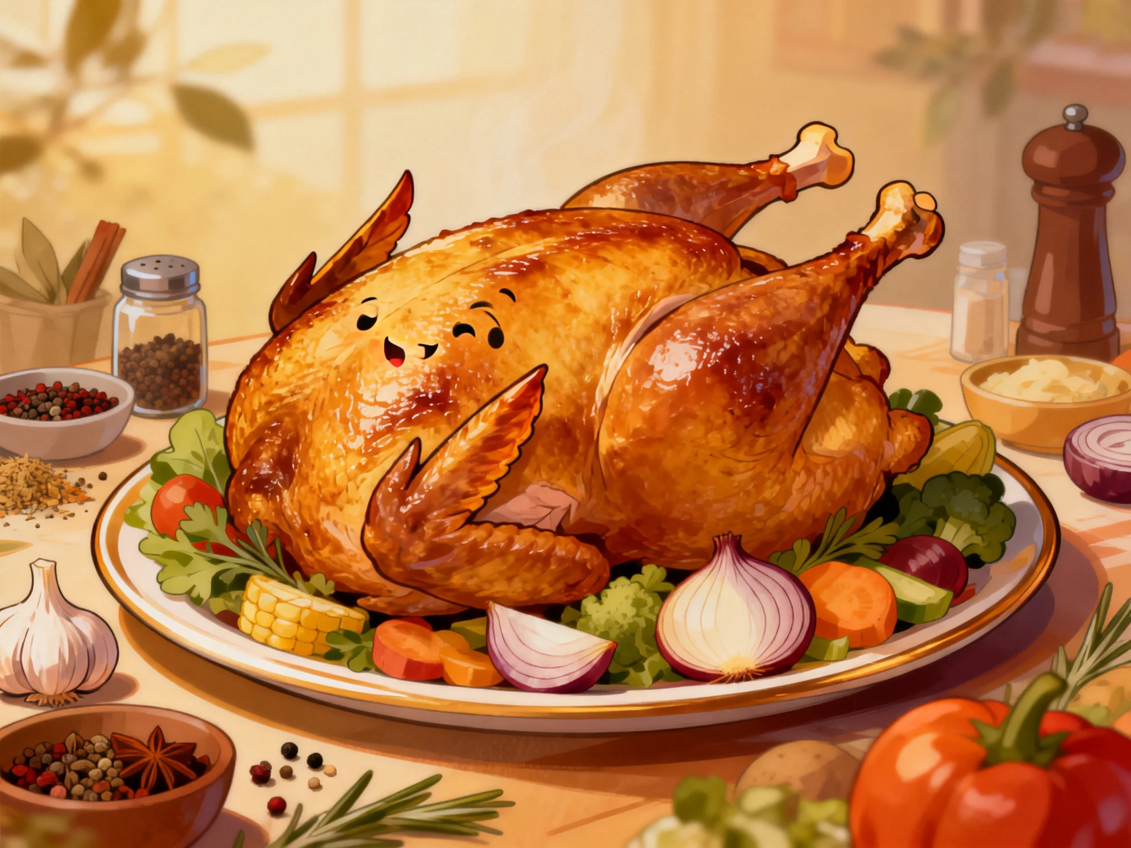 A golden-brown roasted turkey surrounded by colorful vegetables and spices