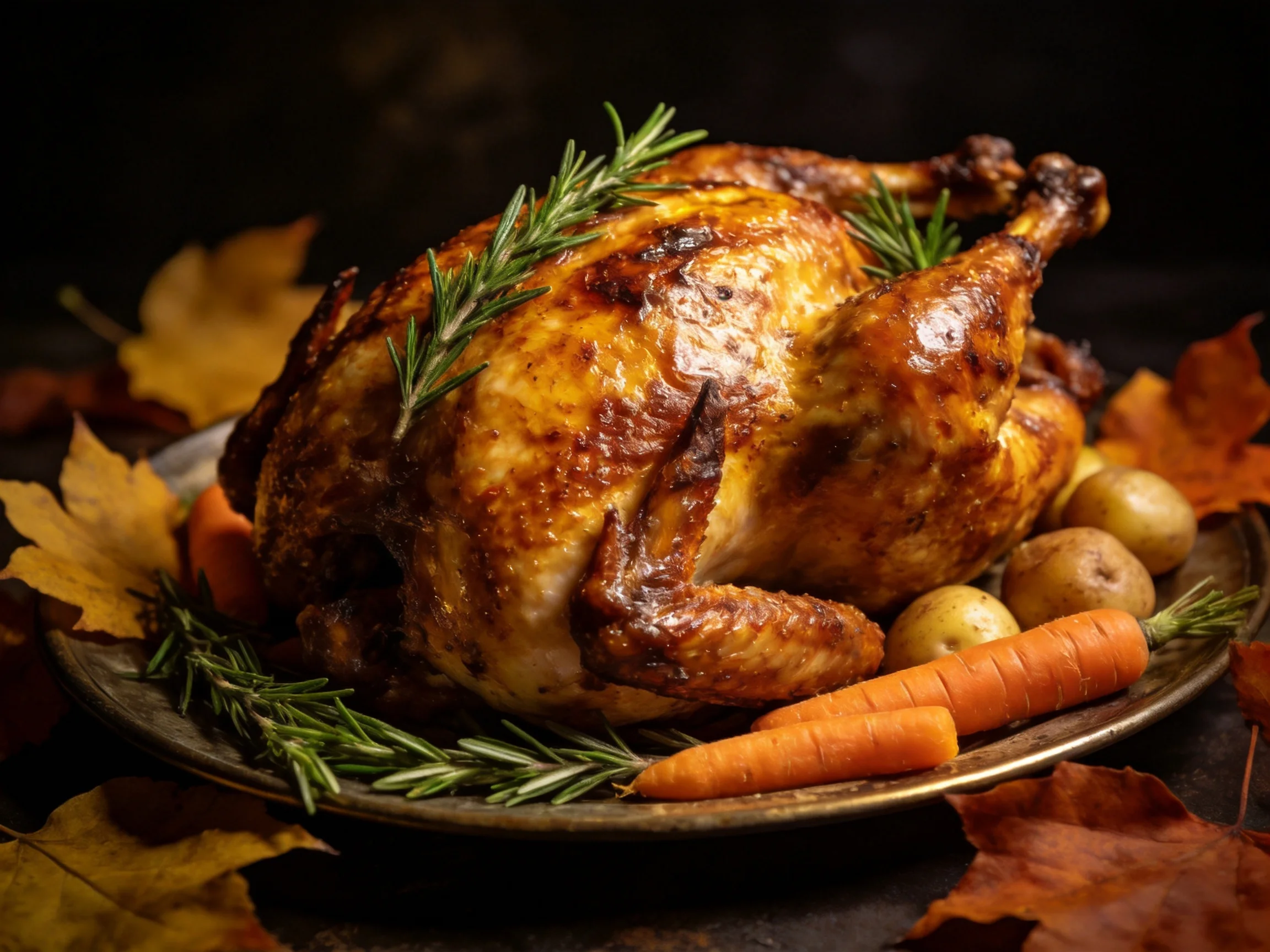 A golden-brown roasted turkey with rosemary, carrots, and potatoes