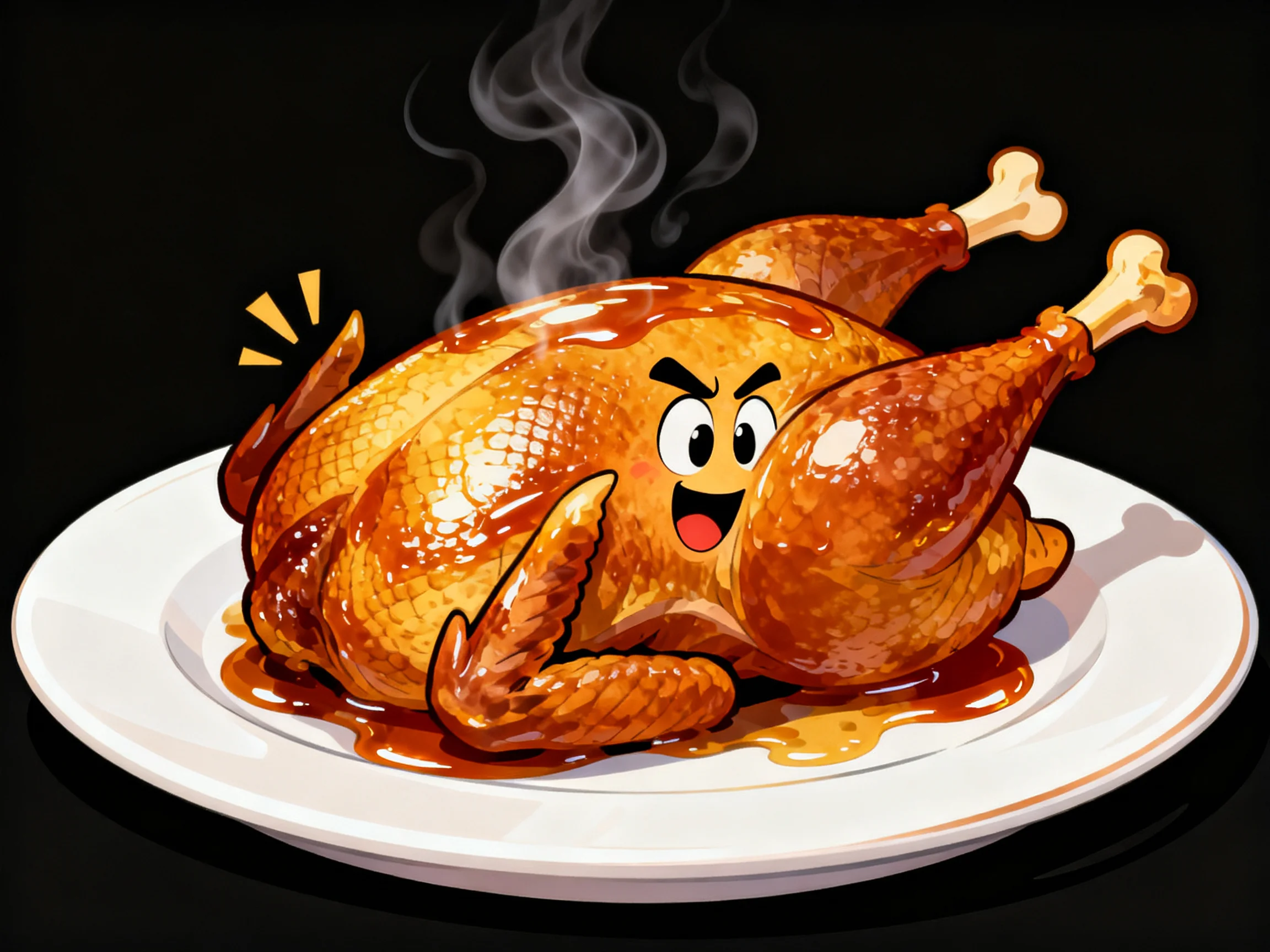 A golden-brown roasted turkey with steam on a white plate