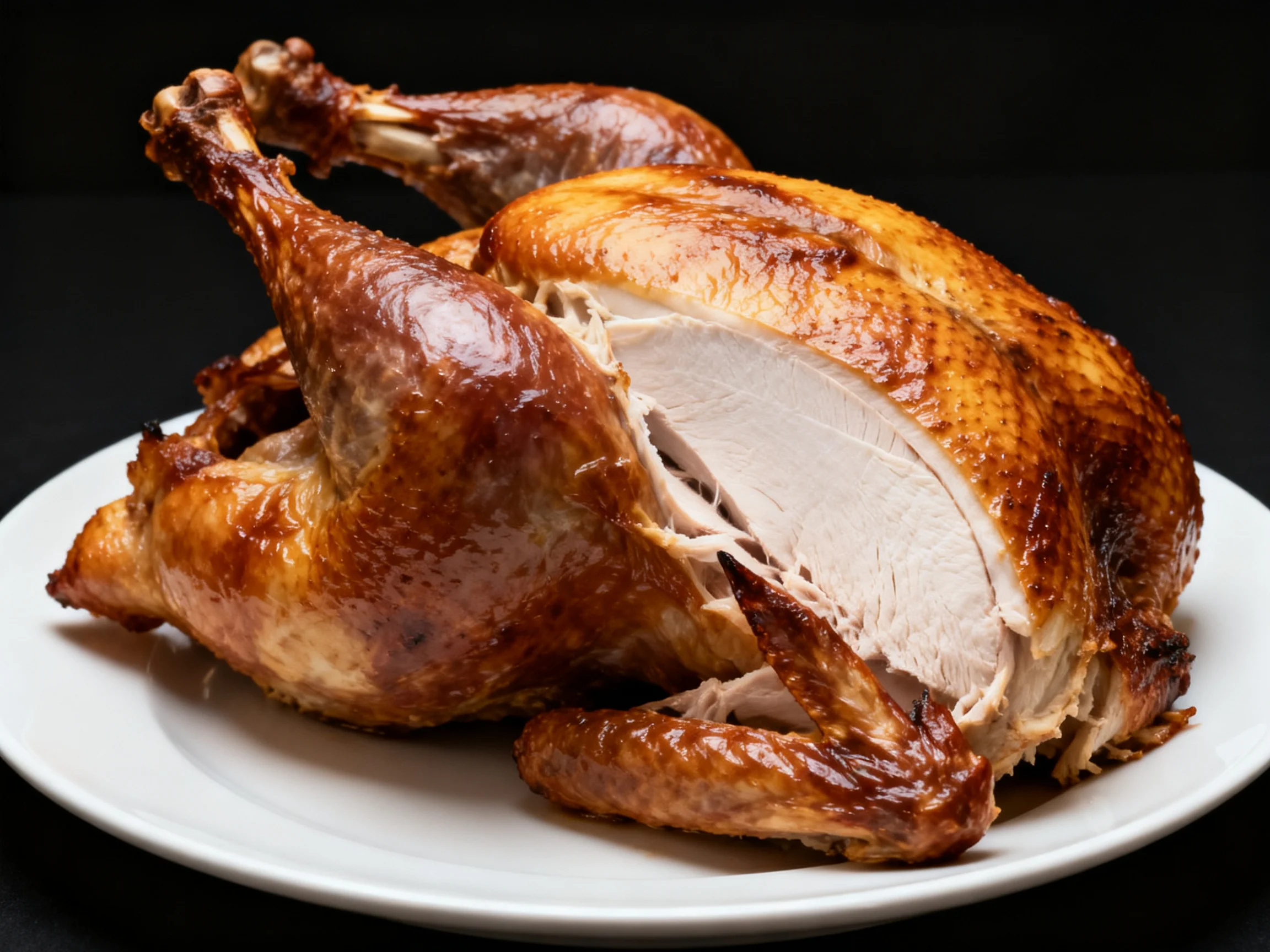A golden-brown roasted turkey with white meat on a white plate