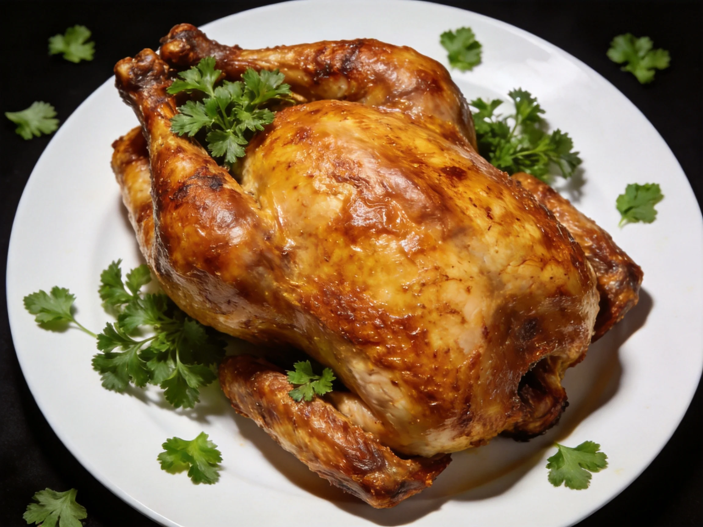 A golden-brown roasted whole chicken garnished with fresh green herbs