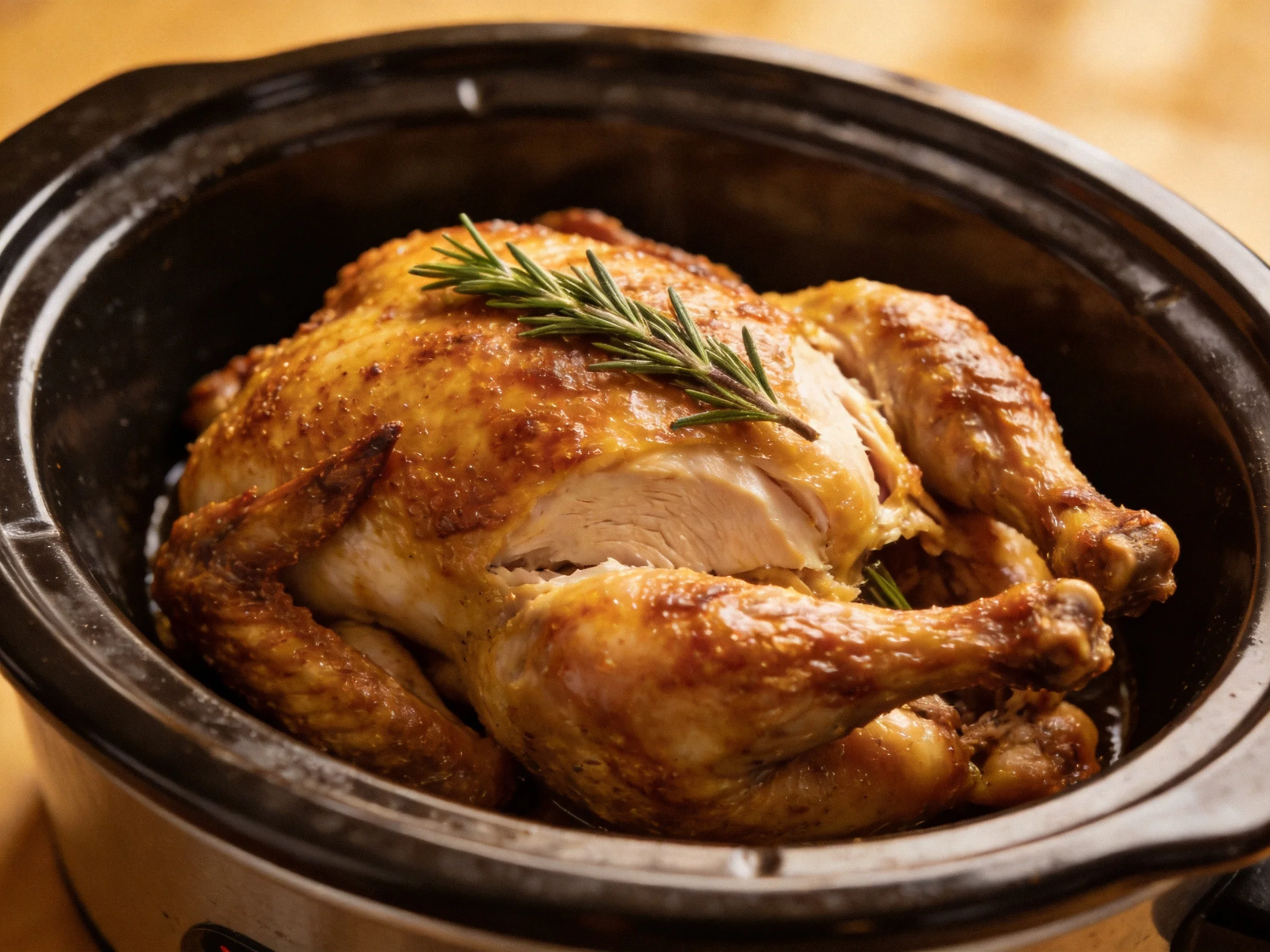 A golden-brown roasted whole chicken in a black slow cooker