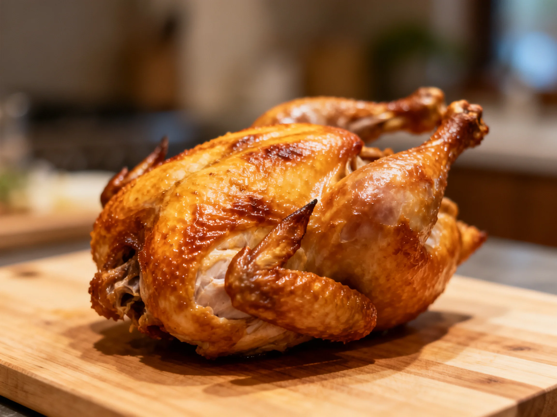 A golden-brown roasted whole chicken on a wooden cutting board