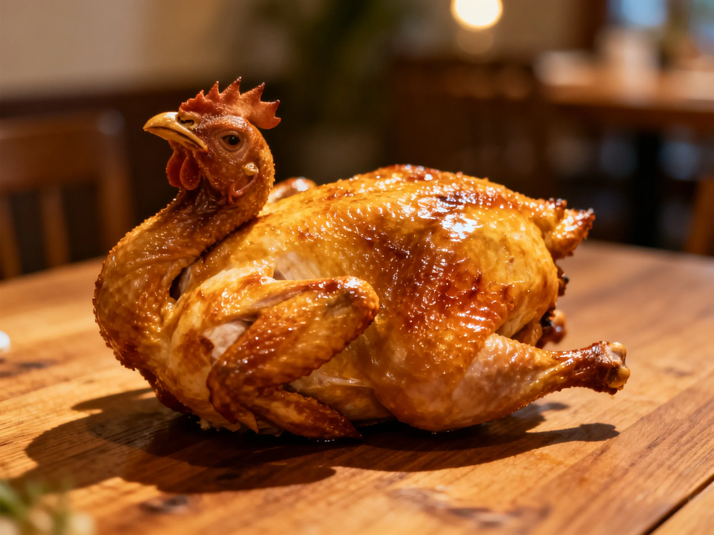 A golden-brown roasted whole chicken on a wooden table