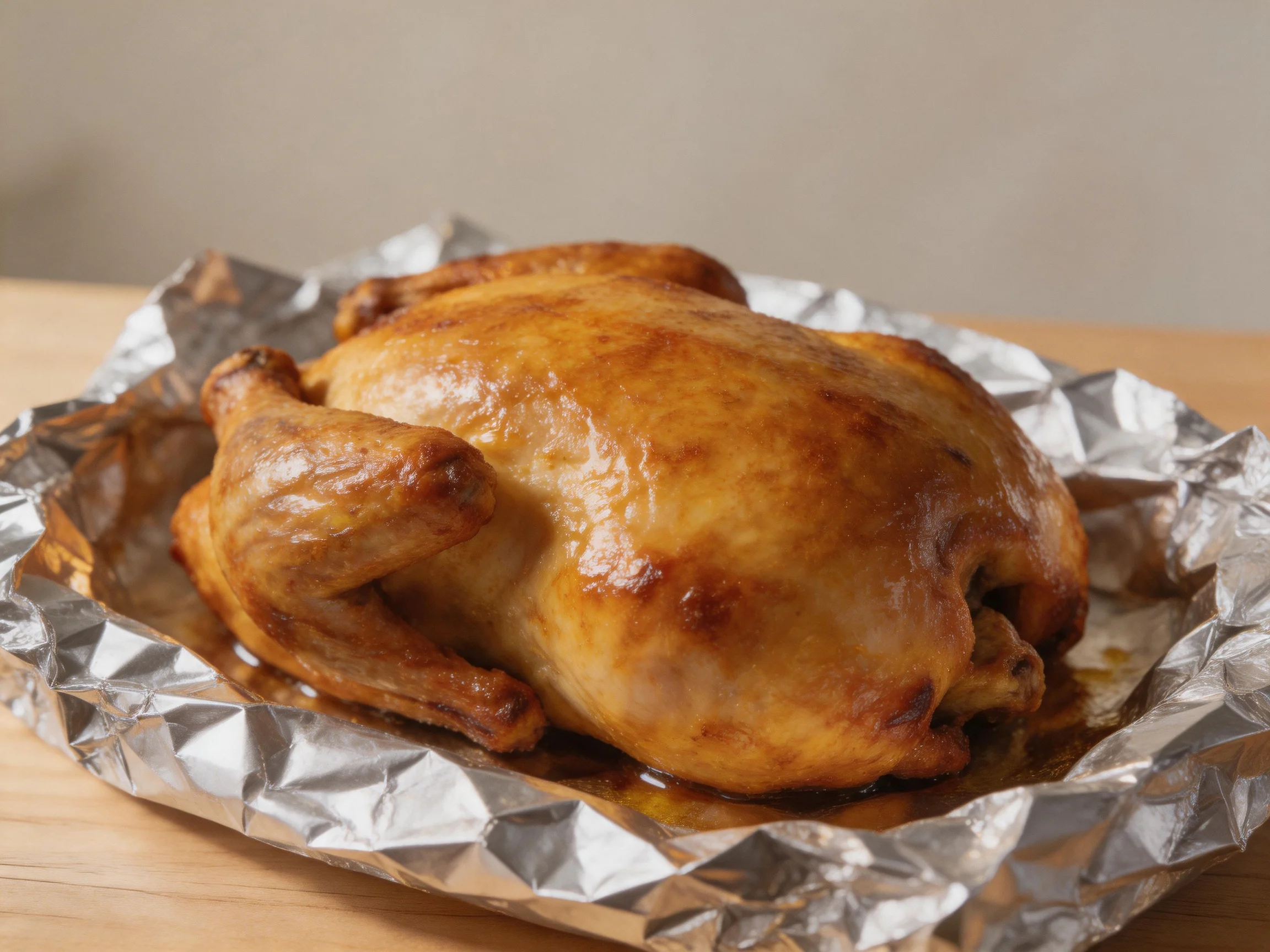 A golden-brown roasted whole chicken on crumpled aluminum foil
