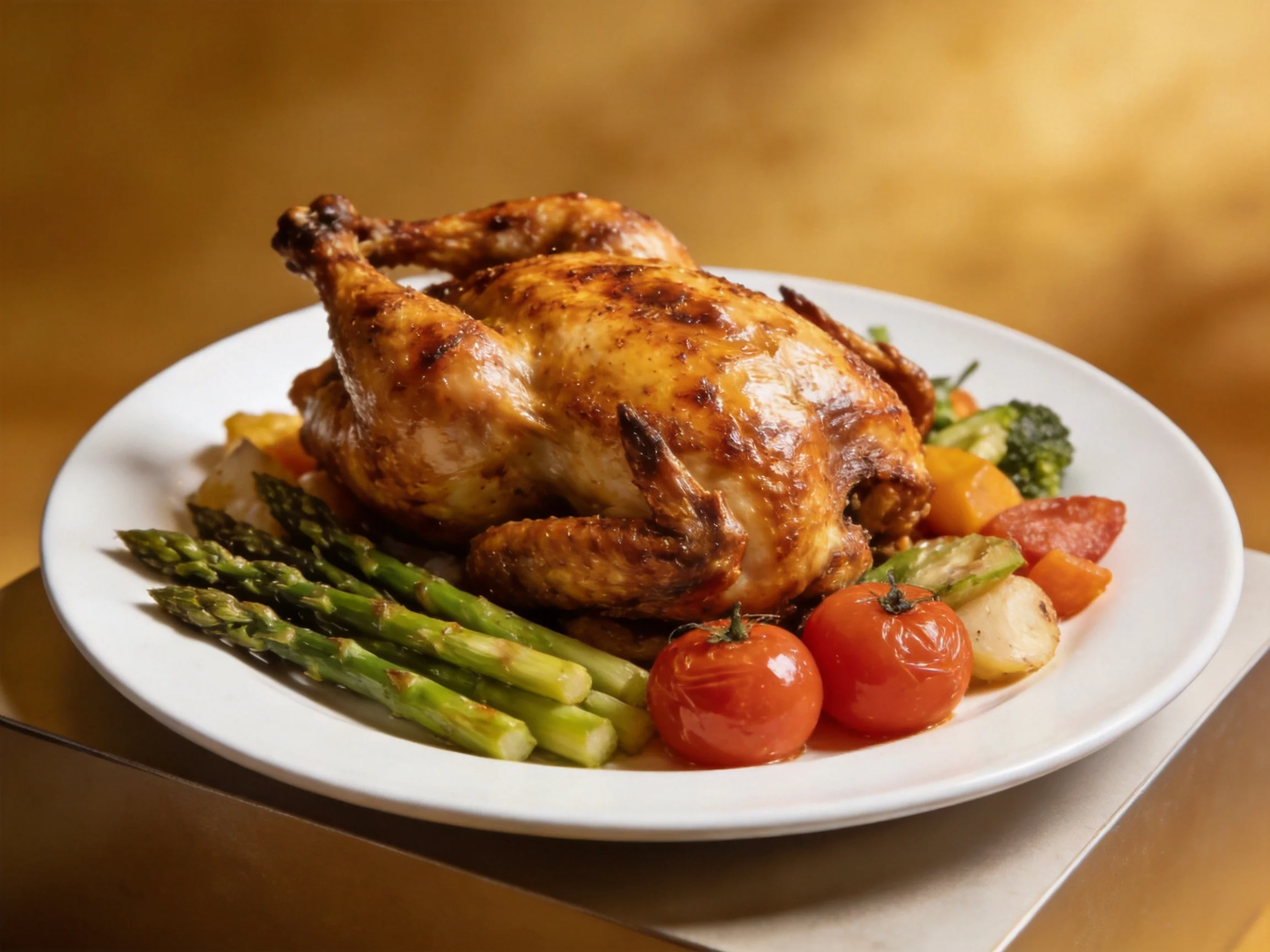A golden-brown roasted whole chicken served with assorted vegetables