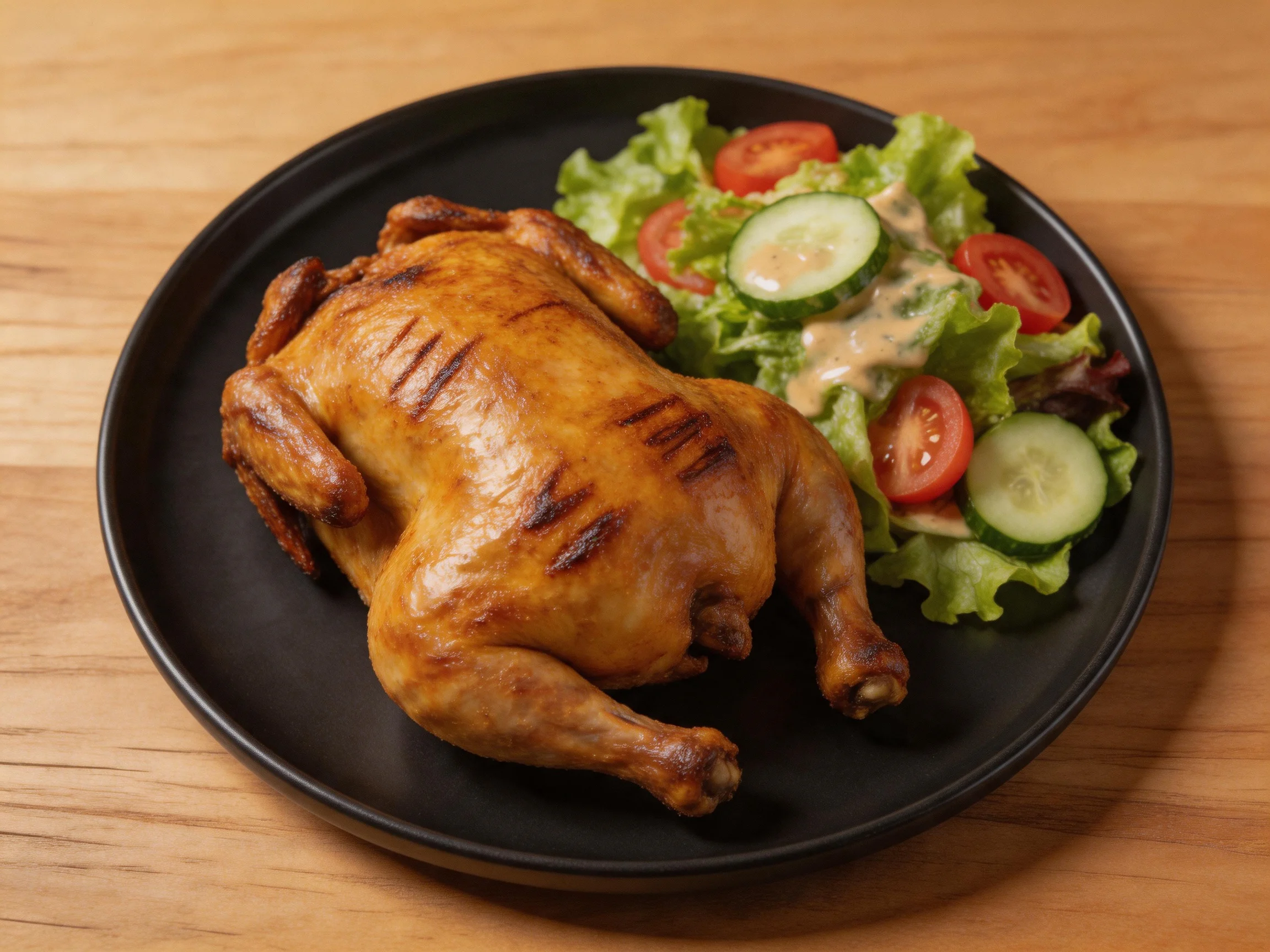 A golden-brown roasted whole chicken with fresh green salad on a black plate