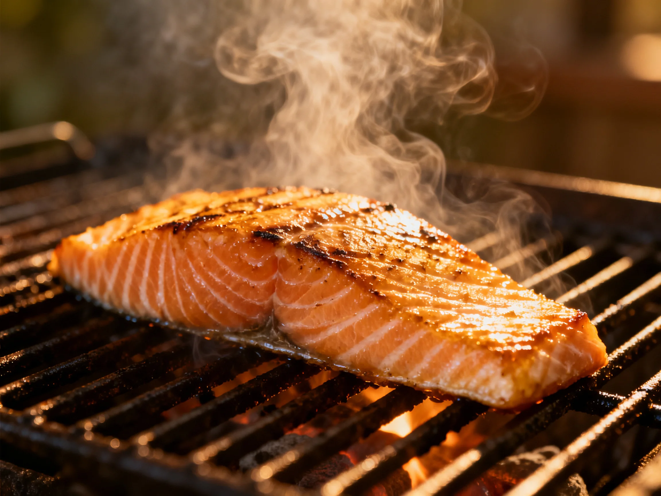 A golden-brown salmon fillet grilling over glowing embers
