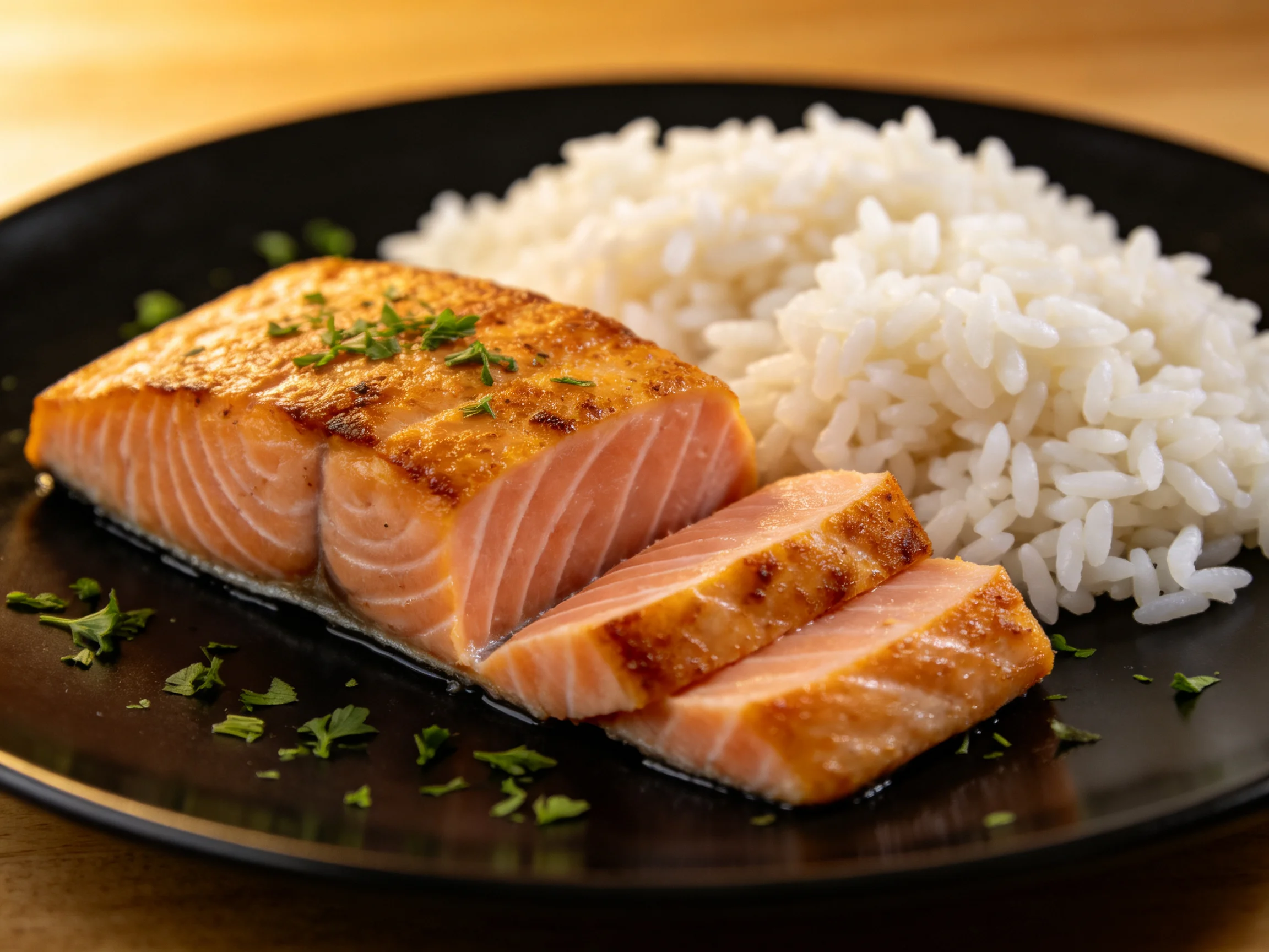 A golden-brown salmon fillet served with fluffy white rice on a dark plate