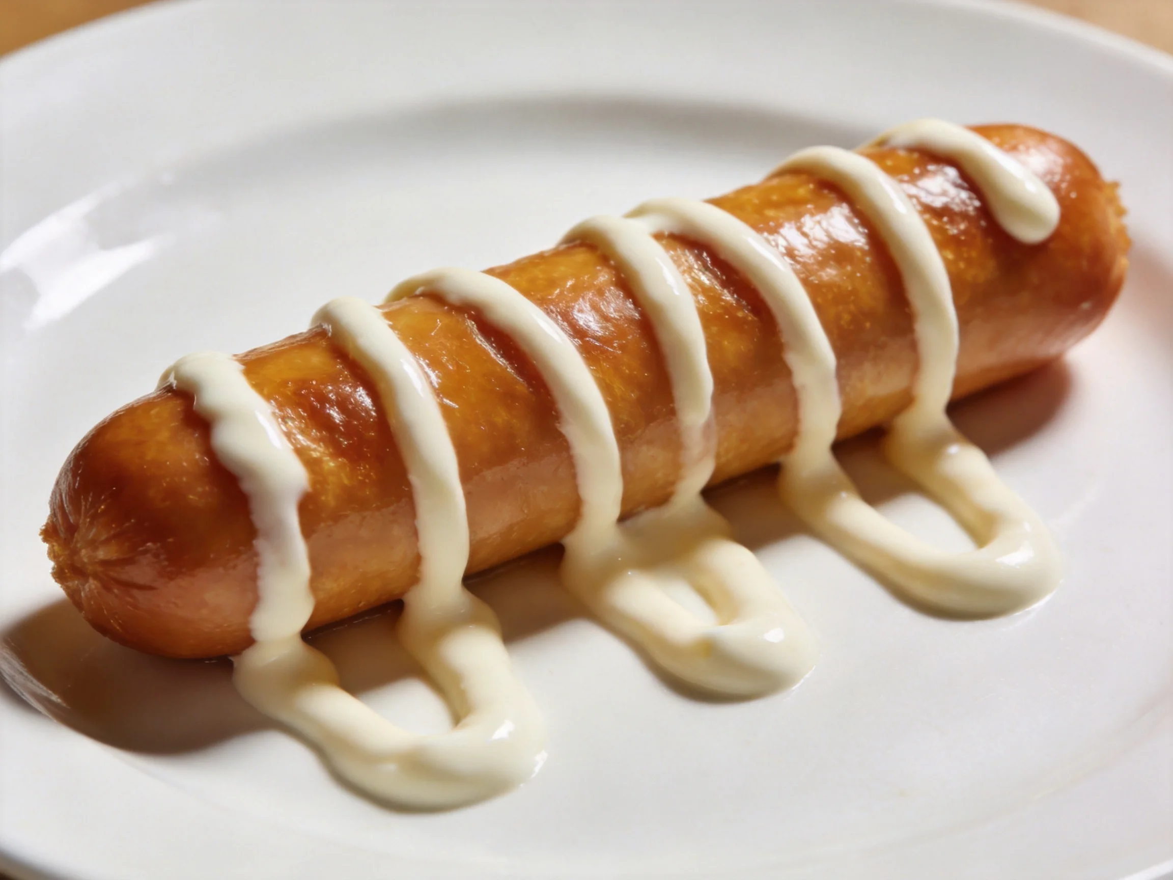 A golden-brown sausage drizzled with creamy white sauce on a white plate
