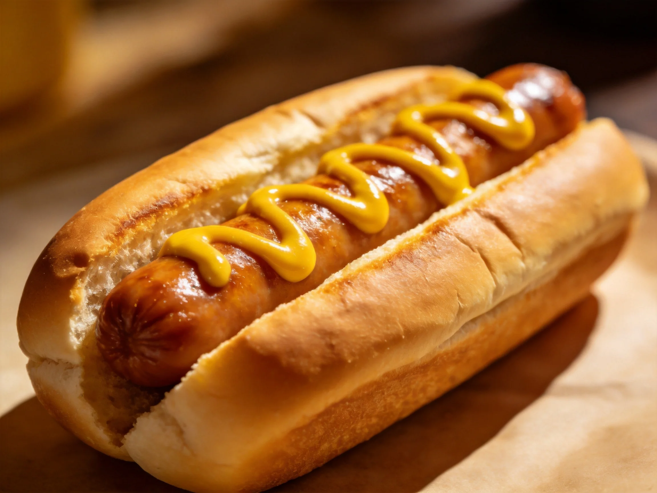 A golden-brown sausage topped with zigzagged yellow mustard in a soft bun