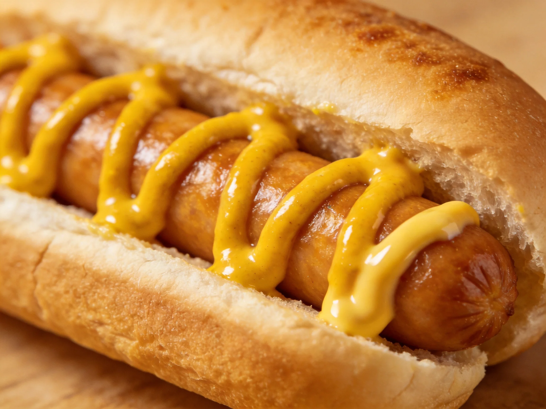 A golden-brown sausage with zigzagged yellow mustard in a toasted bun