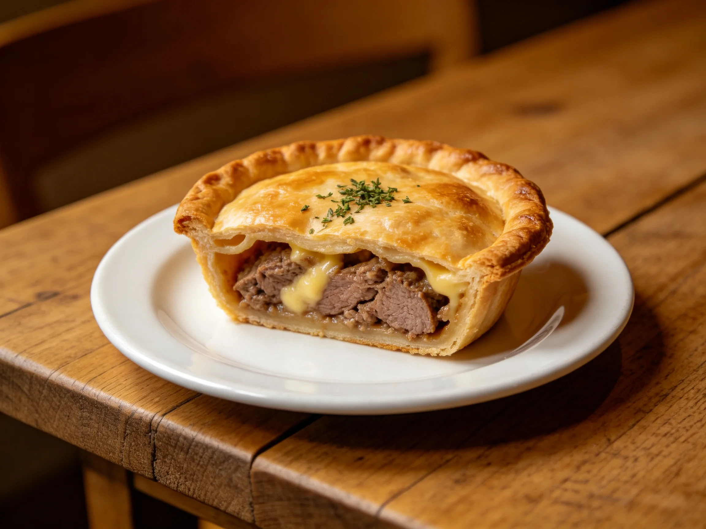 A golden-brown savory pie with beef filling on a white plate