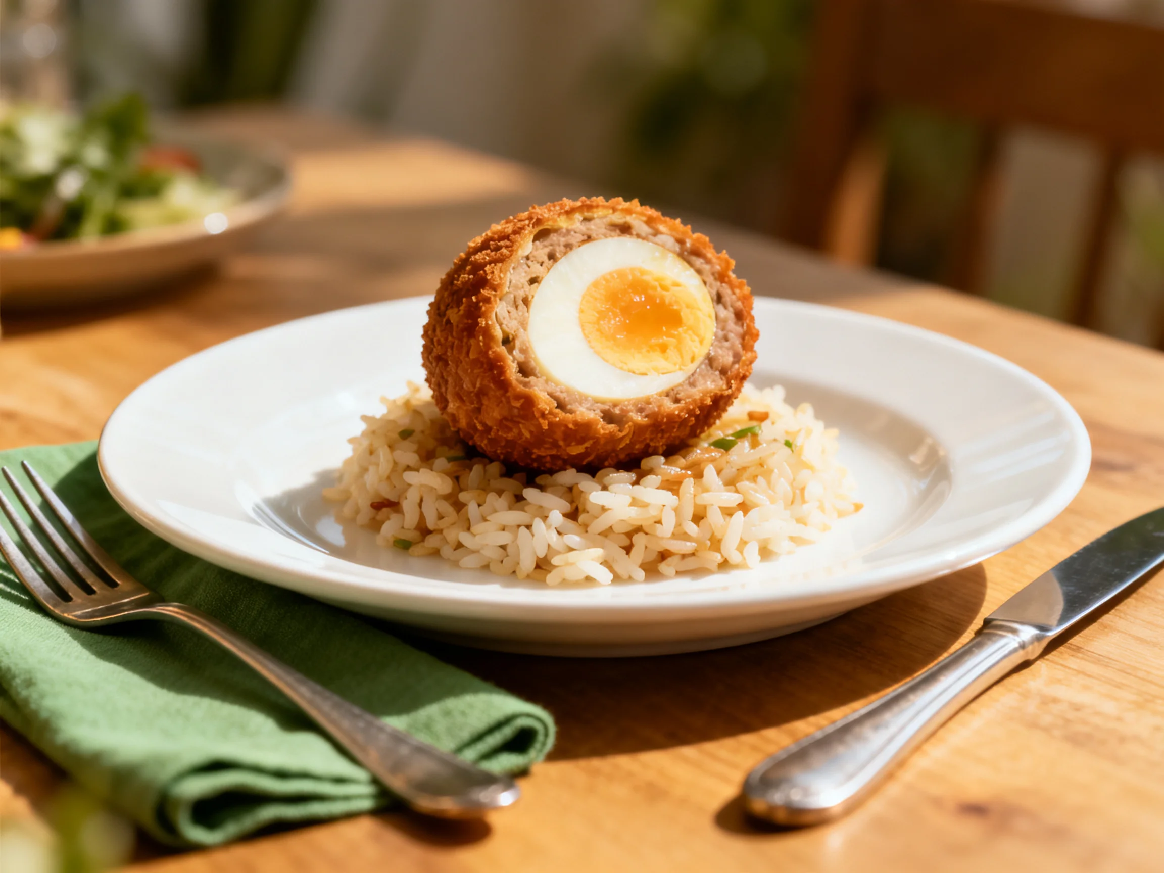 A golden-brown scotch egg atop seasoned rice with utensils