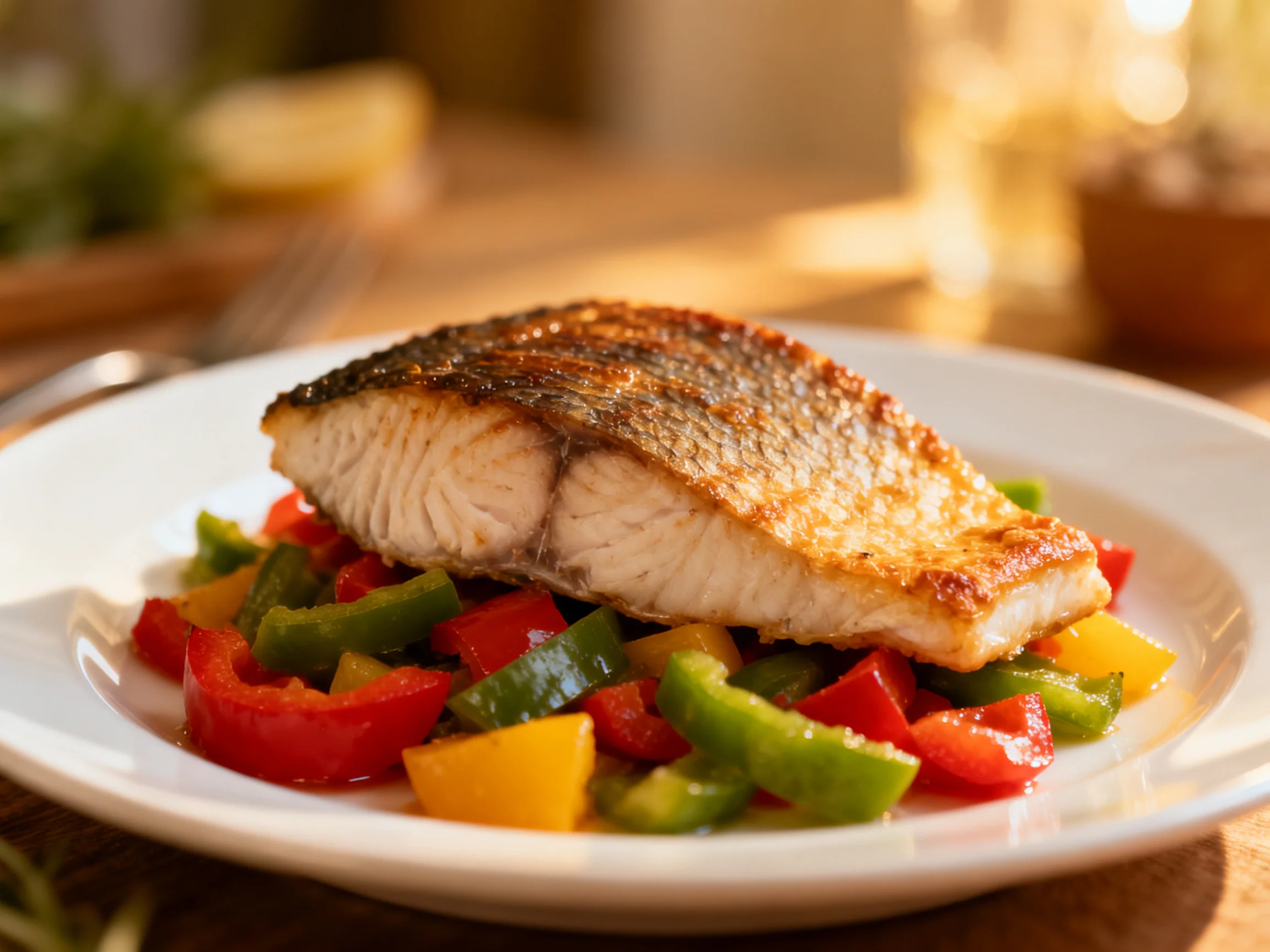A golden-brown seared fish fillet atop a colorful bell pepper medley