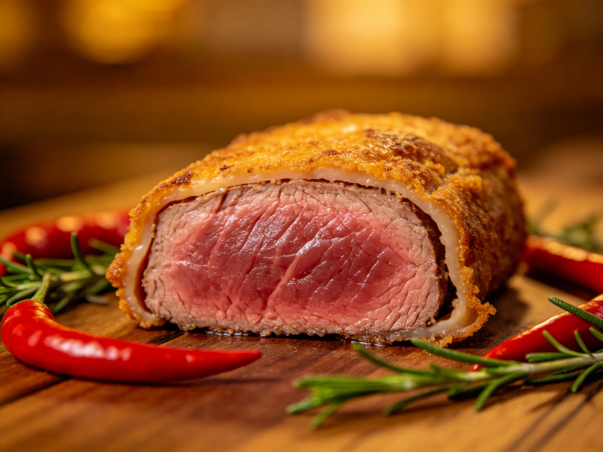 A golden-brown stuffed roast beef with red chili and rosemary garnish