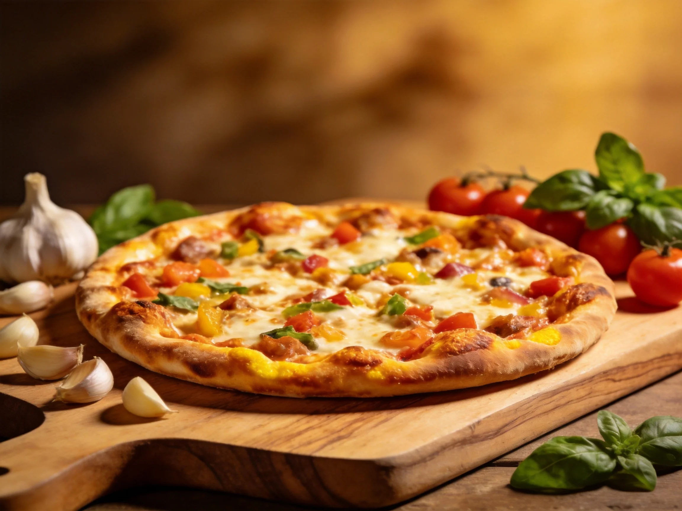 A golden-brown veggie pizza with fresh herbs and garlic on a wooden board