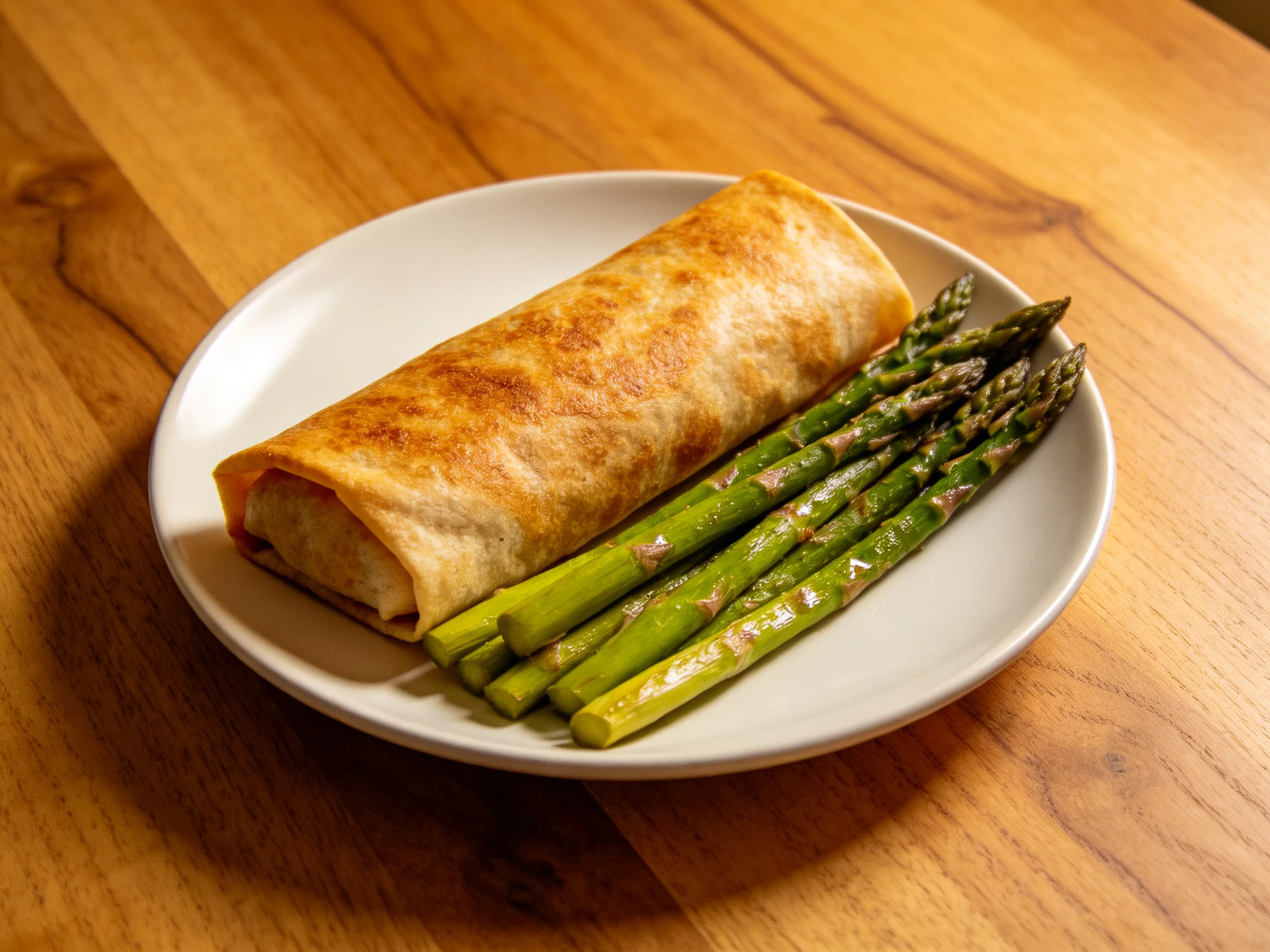 A golden-brown wrap and grilled asparagus on a white plate