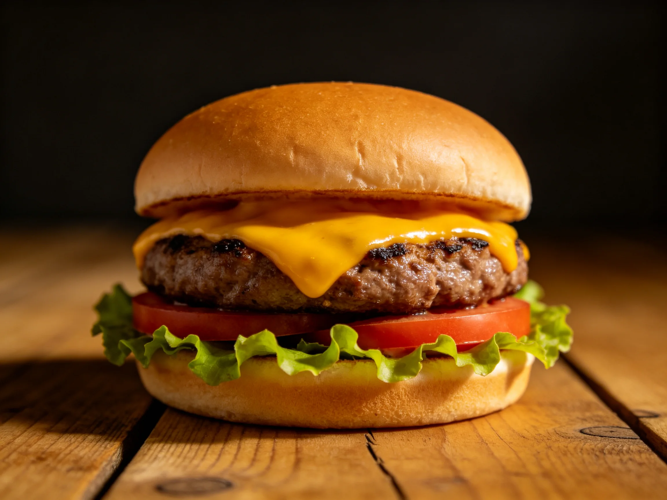 A golden-bun cheeseburger with melted cheddar, lettuce, and tomato