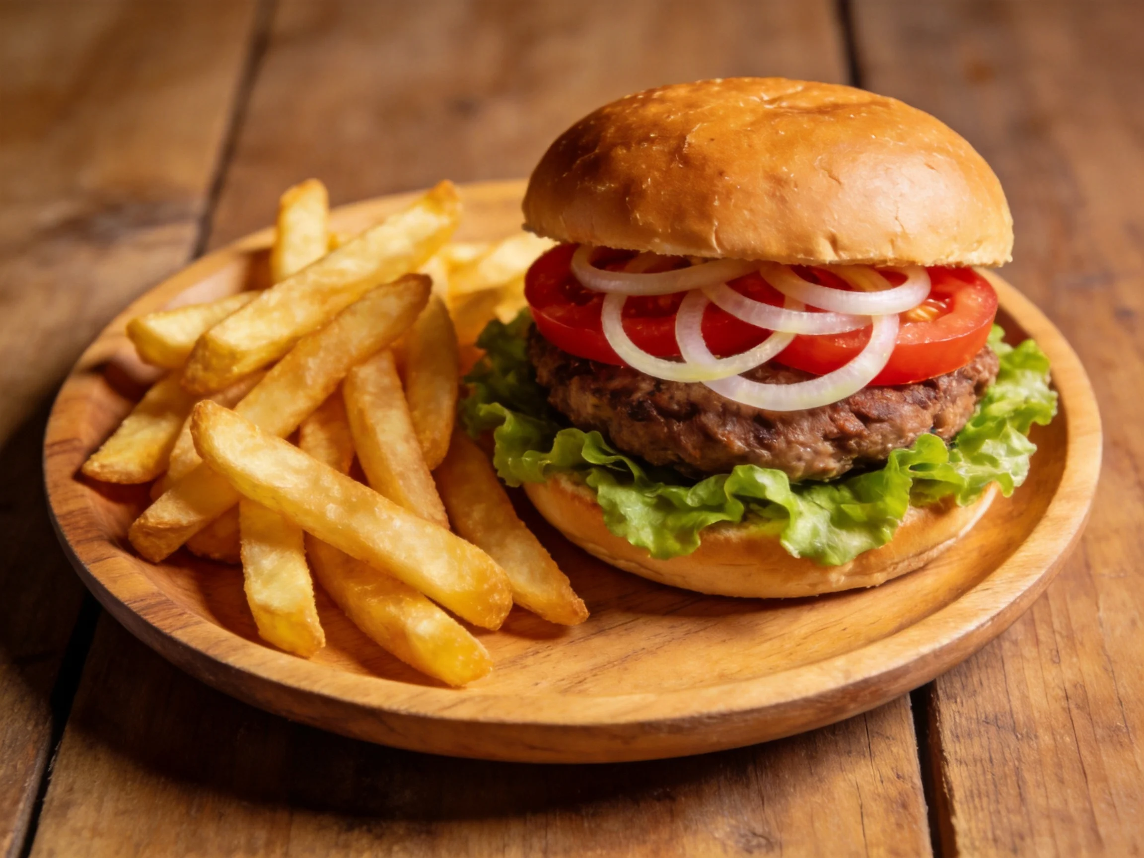 A golden burger with fresh veggies and crispy fries on a wooden plate