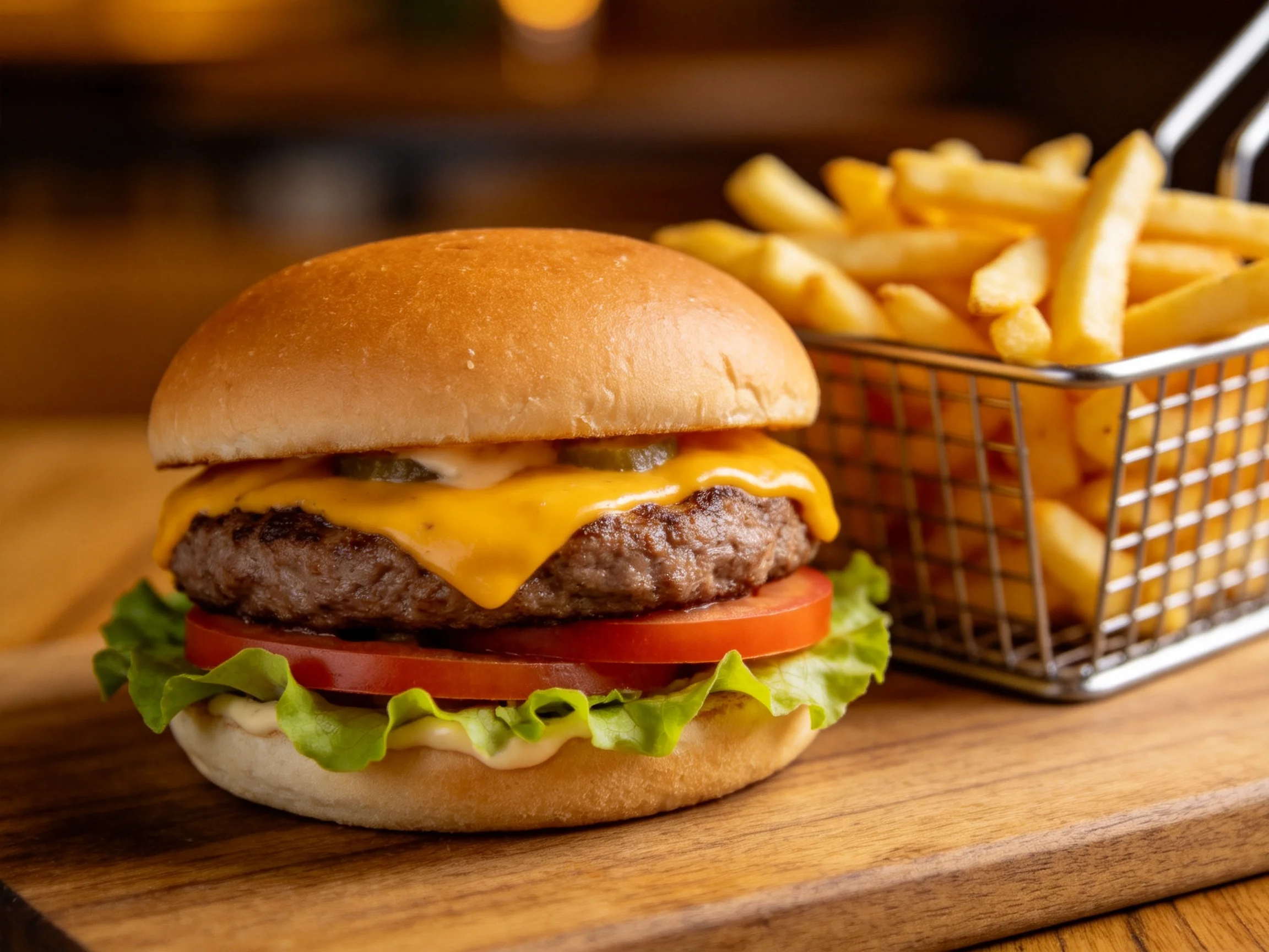 A golden cheeseburger with fresh veggies beside crispy fries