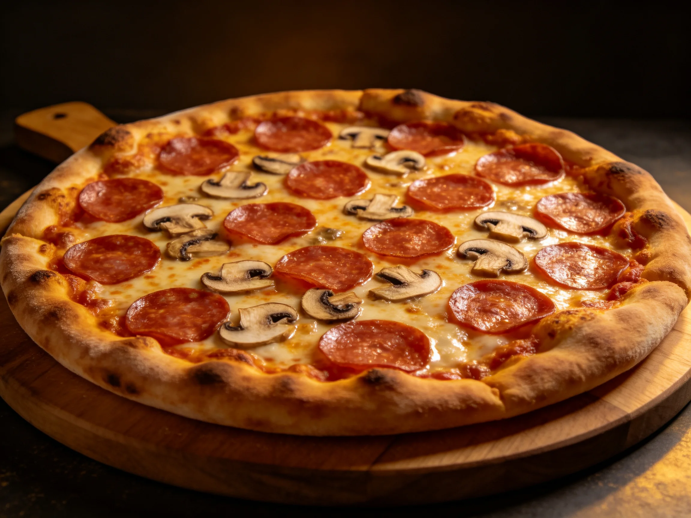 A golden-crust pepperoni and mushroom pizza on a wooden serving board