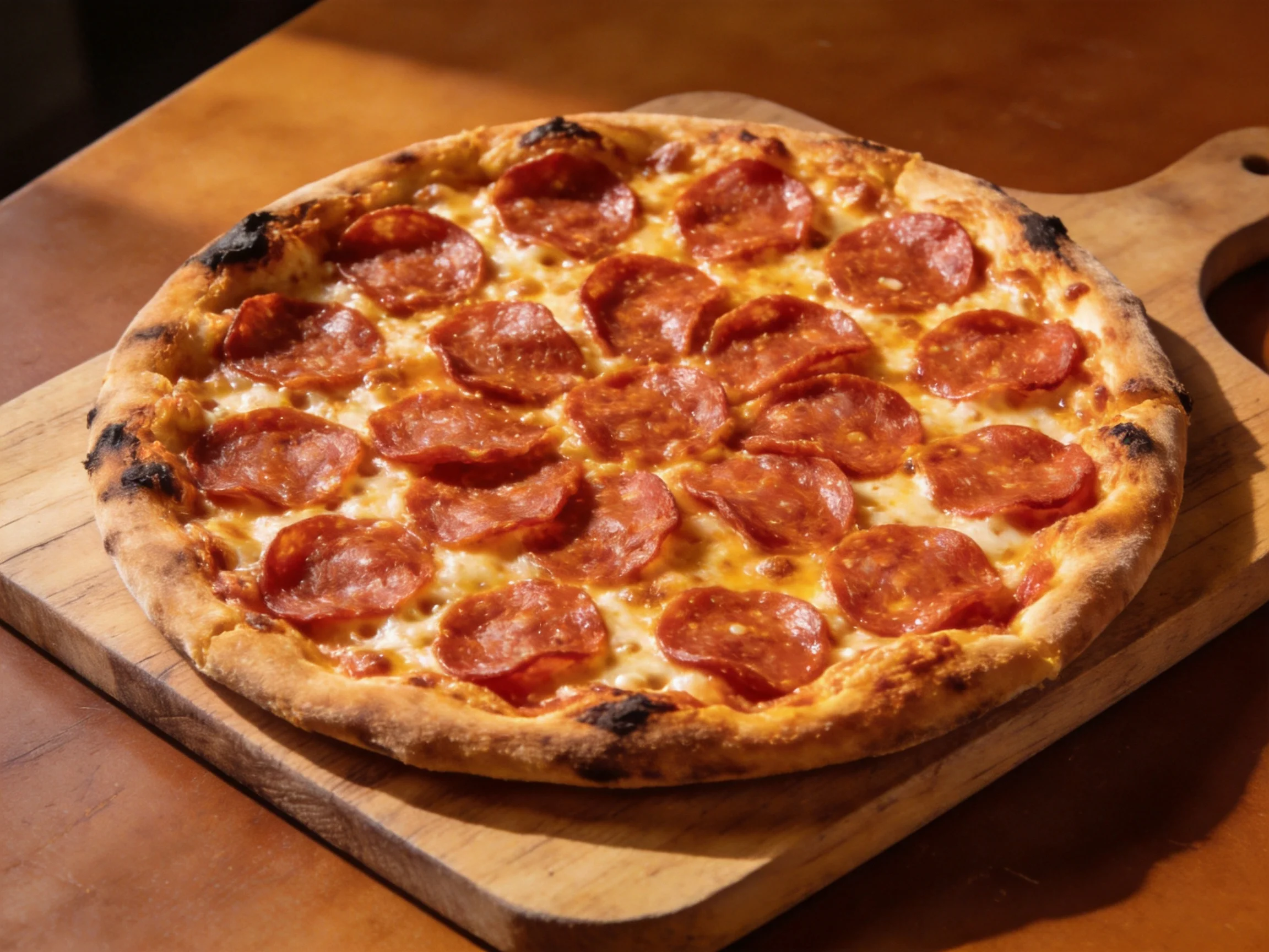 A pepperoni pizza with golden crust is served on a wooden board.