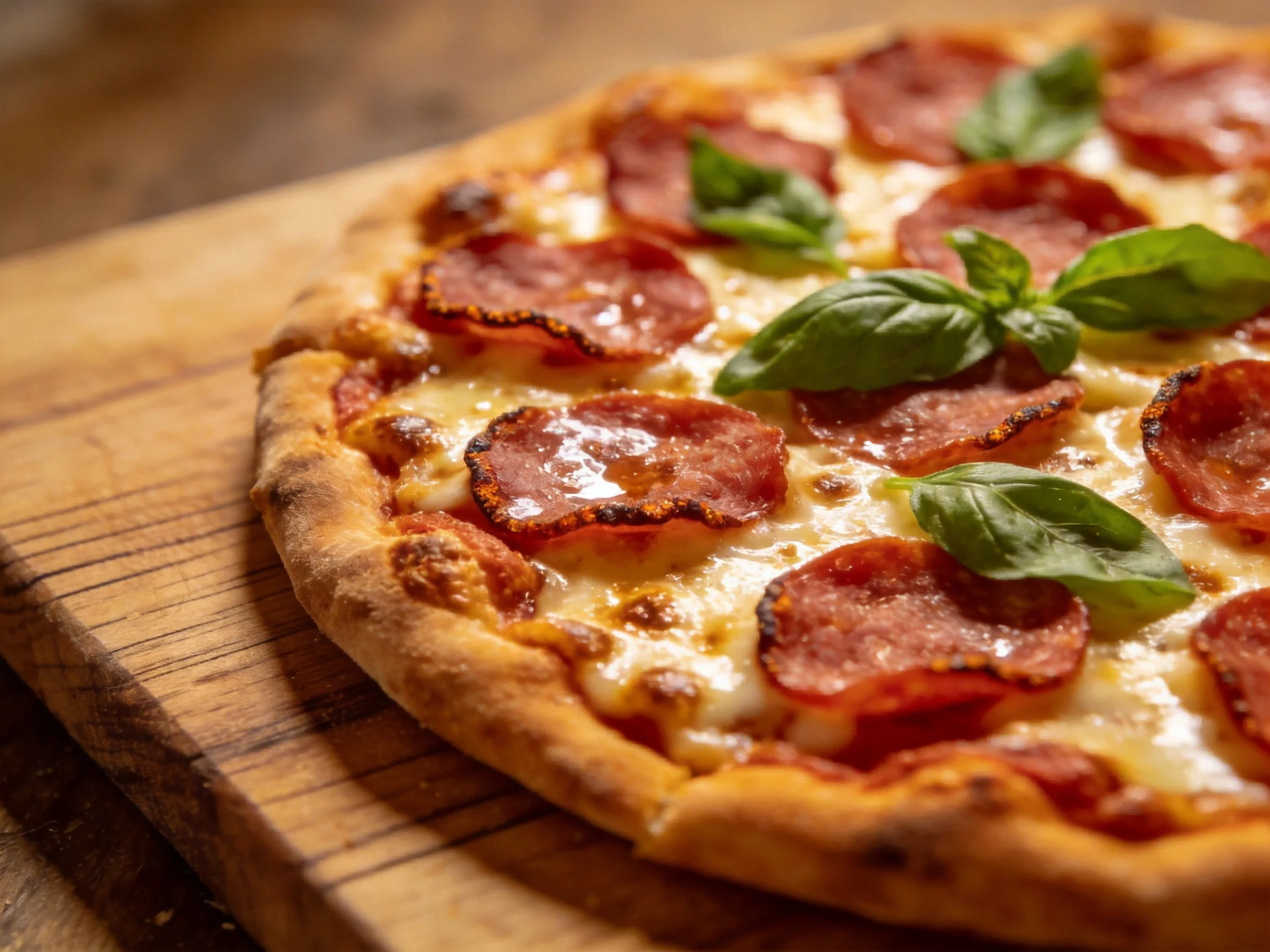 A golden-crust pepperoni pizza with fresh green basil