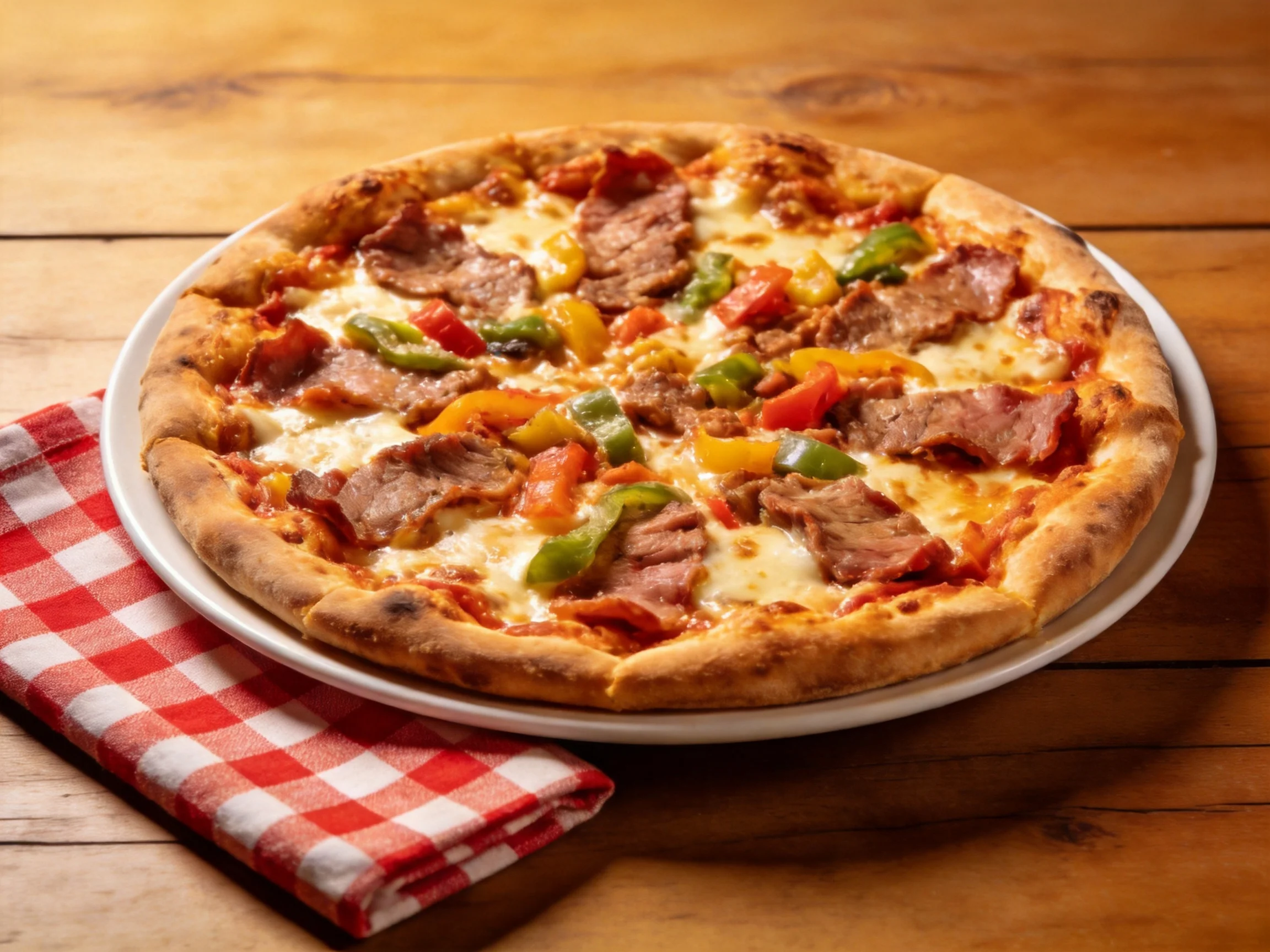 A golden-crust pizza topped with meats and colorful peppers