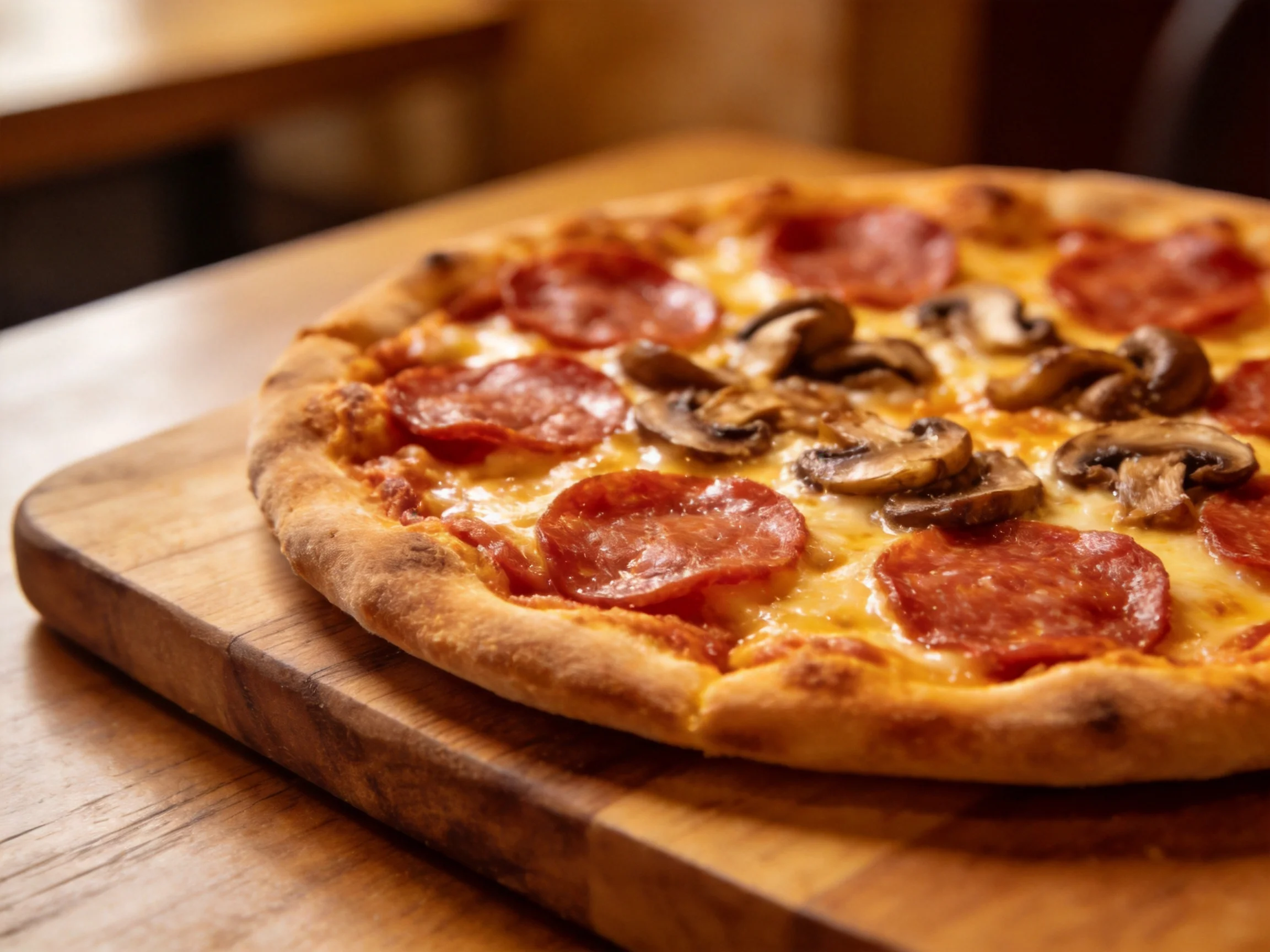 A golden-crust pizza topped with pepperoni and mushrooms