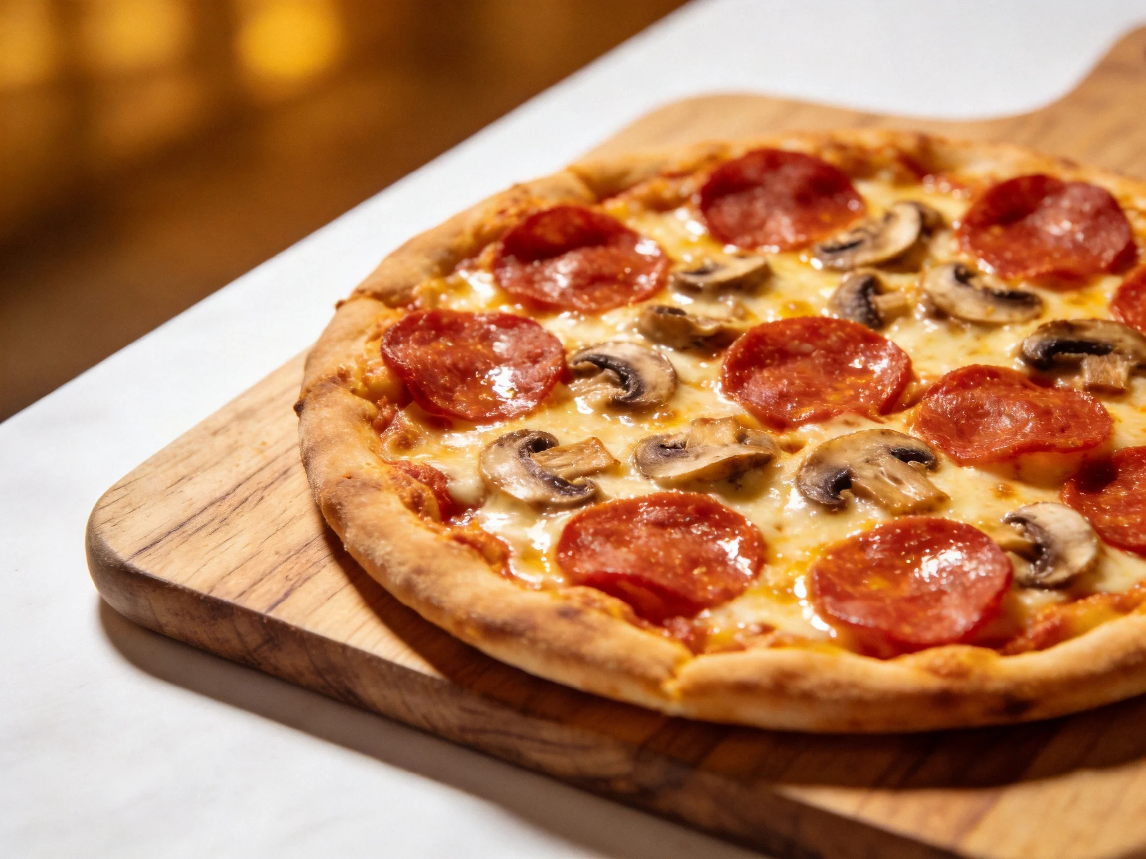 A golden-crust pizza topped with pepperoni and mushrooms