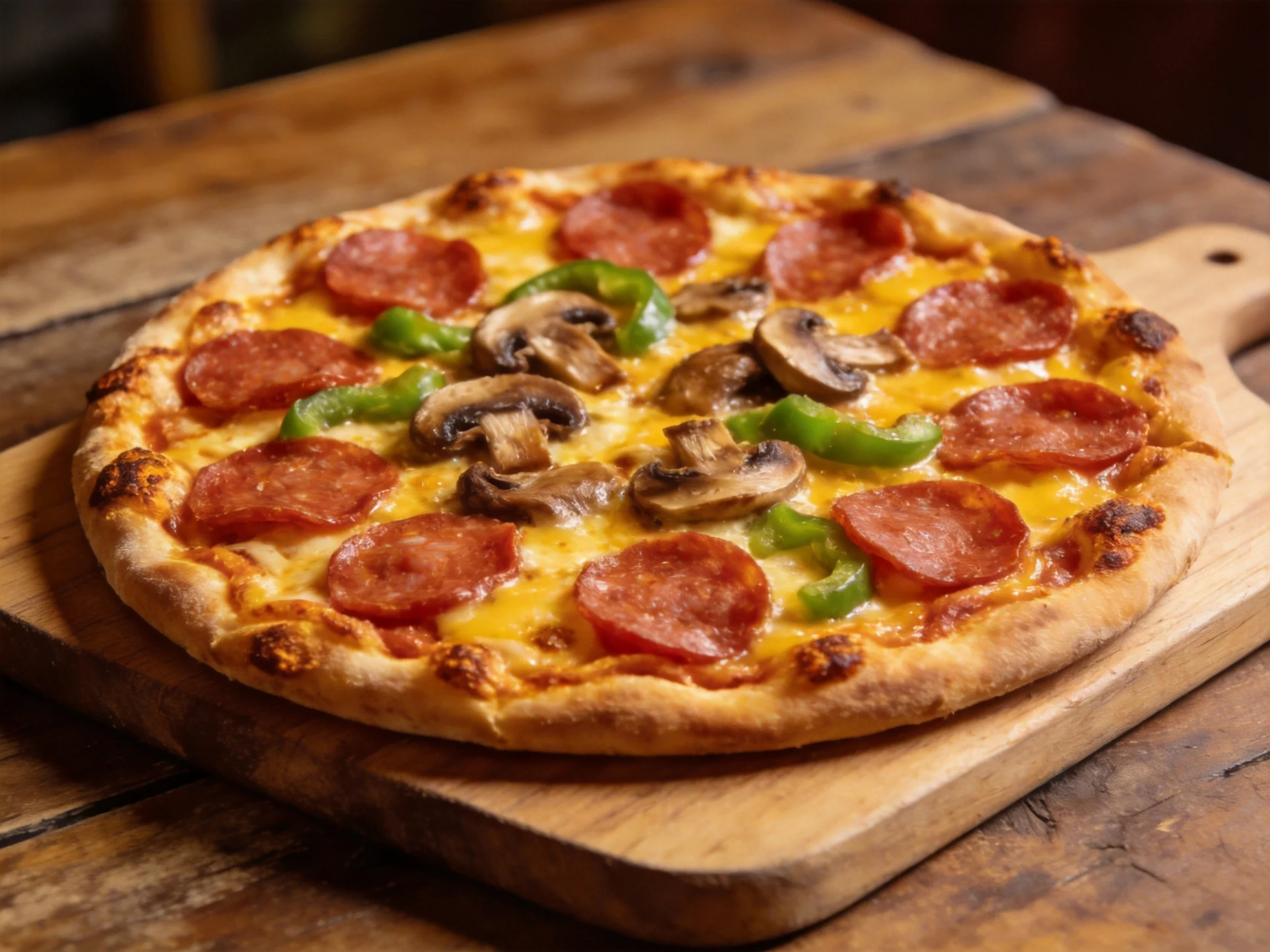 A golden-crust pizza topped with pepperoni, mushrooms, and green peppers