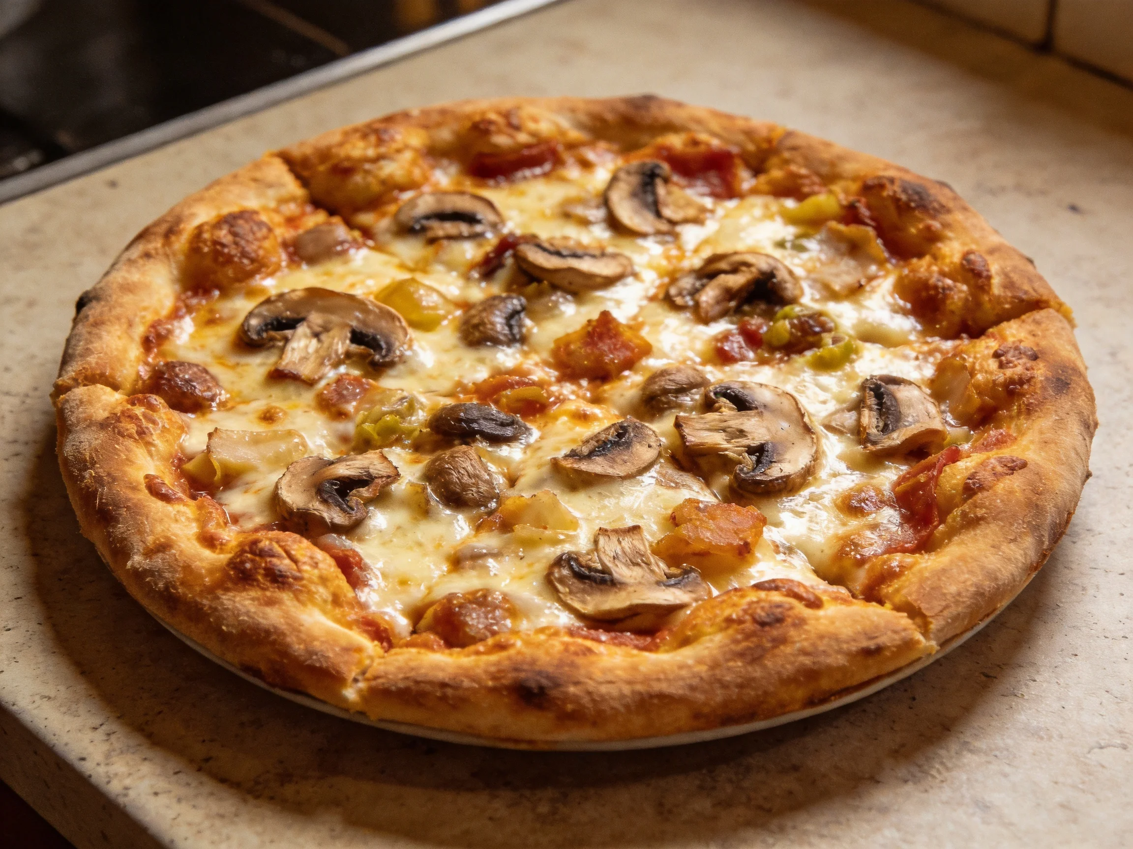 A golden-crust pizza with mushroom and cheese toppings