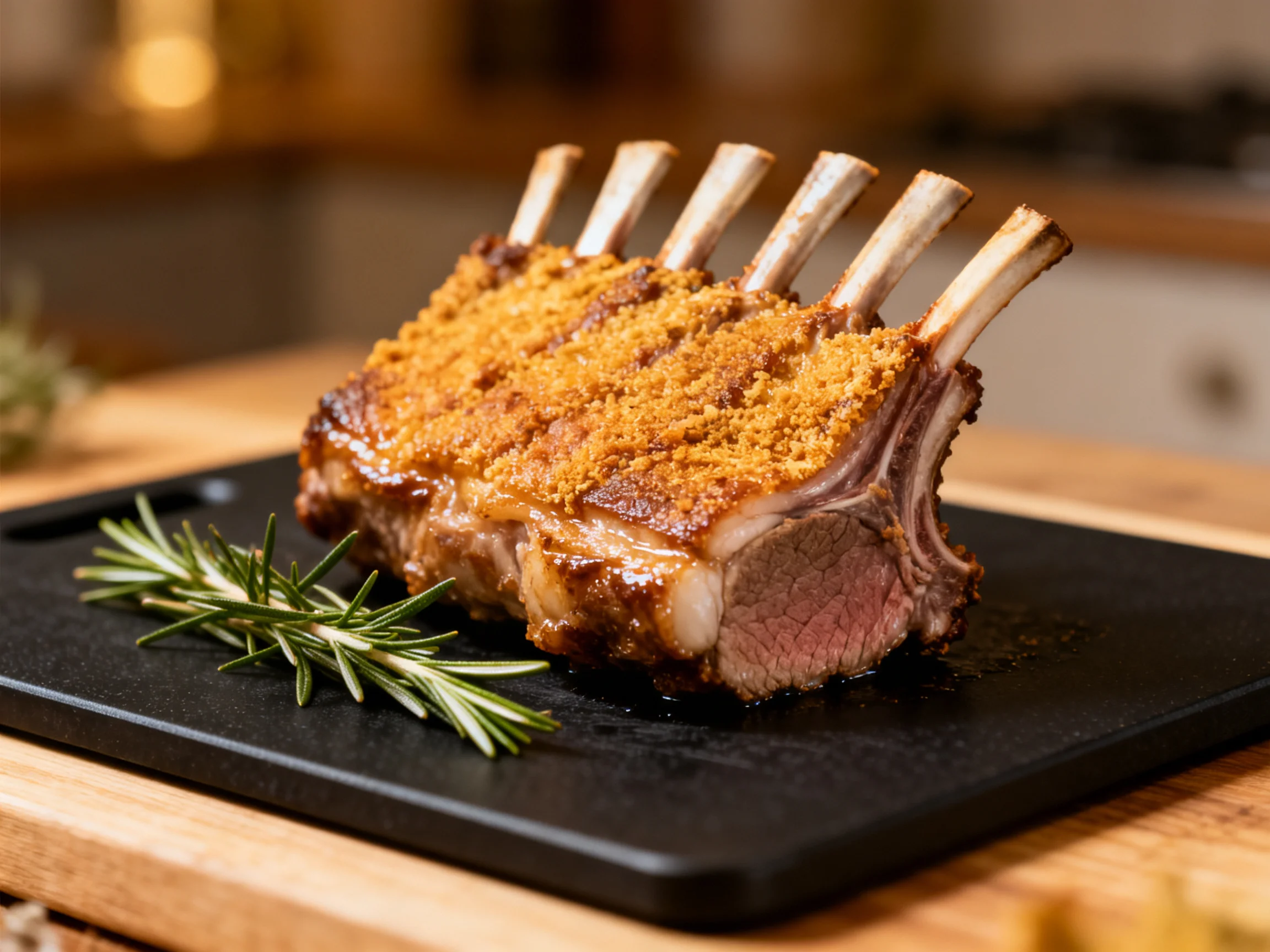 A golden-crusted rack of lamb served with fresh rosemary on a dark platter